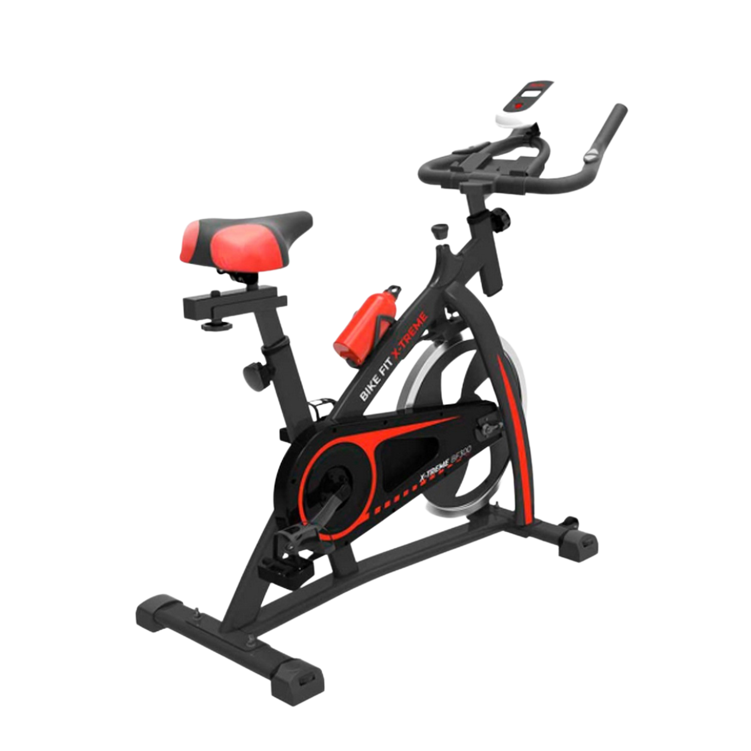 Bicicleta estática - Prixton Fit Xtreme BF300, Volante Inercia 6 kg Delantero, Peso Máx. 120 kg, Freno fricción, Pantalla LCD, Negro/Rojo