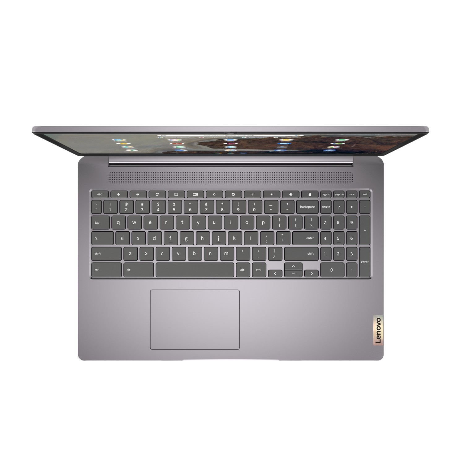 Portátil, abierto, vista superior. Teclado visible, color gris, logo Lenovo abajo a la derecha.
