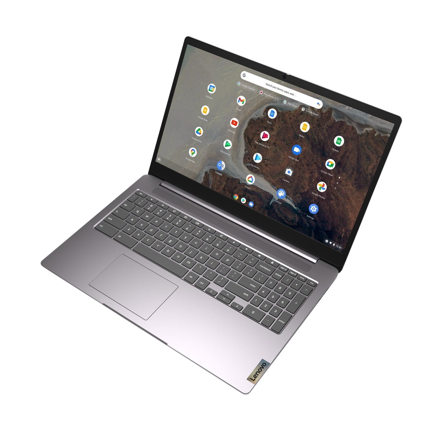 Laptop Lenovo Chromebook abierto, mostrando el teclado y una pantalla colorida.