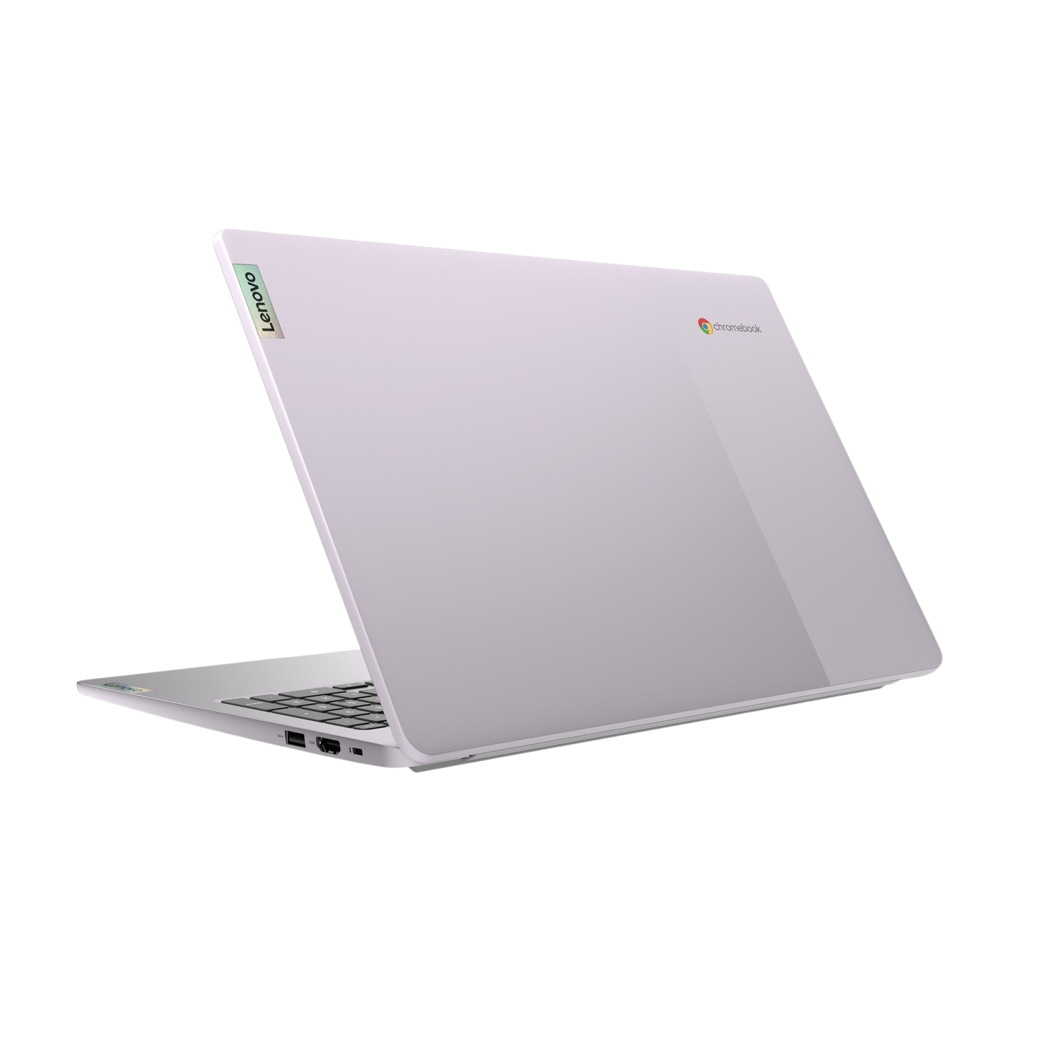 Un portátil Lenovo Chromebook lila claro, abierto en ángulo, sobre un fondo negro.