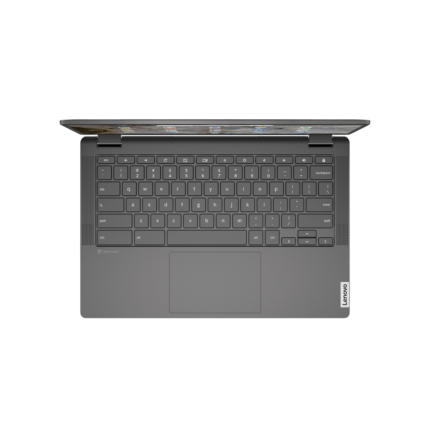 Vista superior de un portátil gris, teclado visible. La pantalla muestra un sitio web.