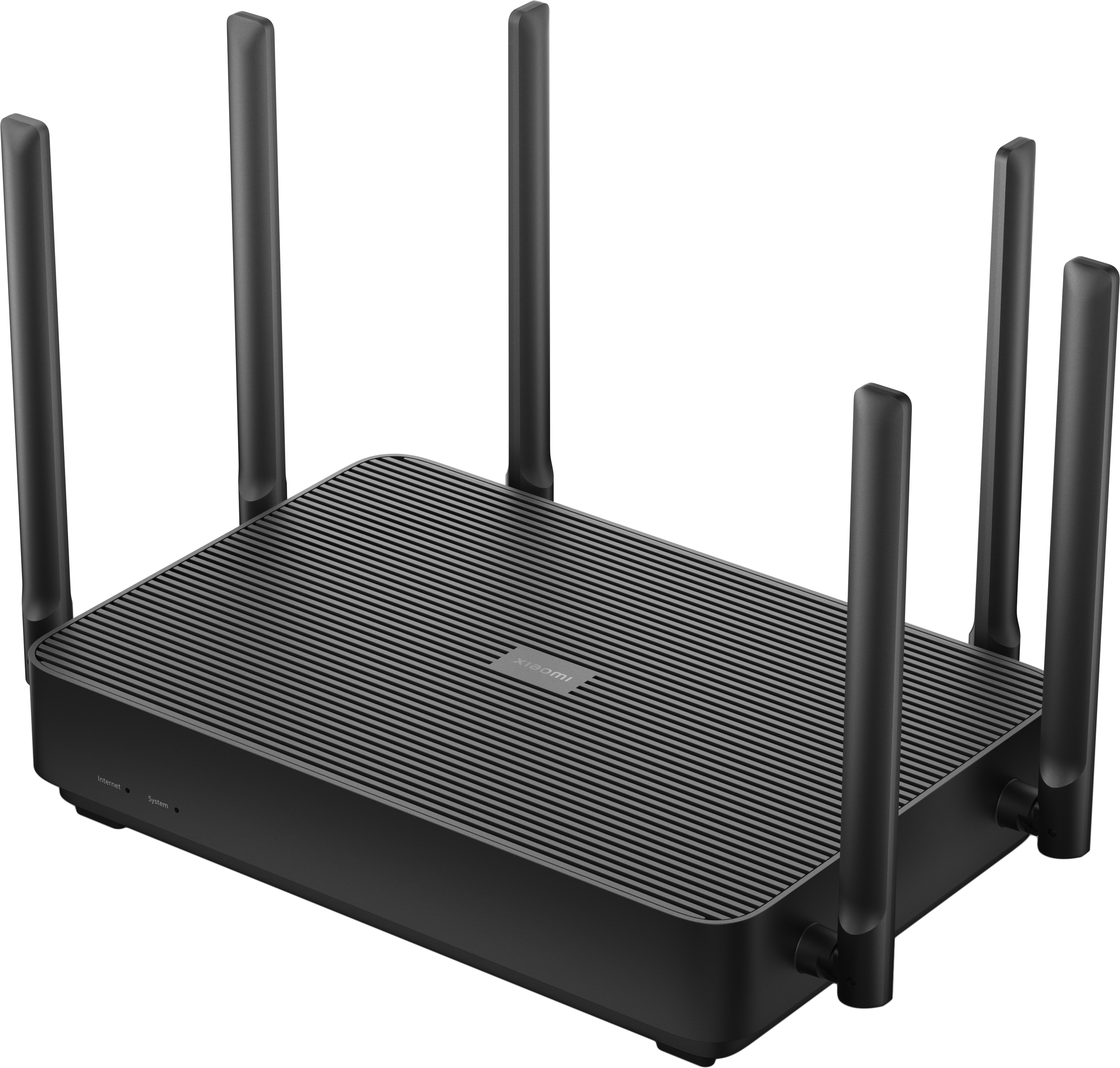 Fekete router hat antennával. Rácsmintázat a tetején. Fekete háttér.