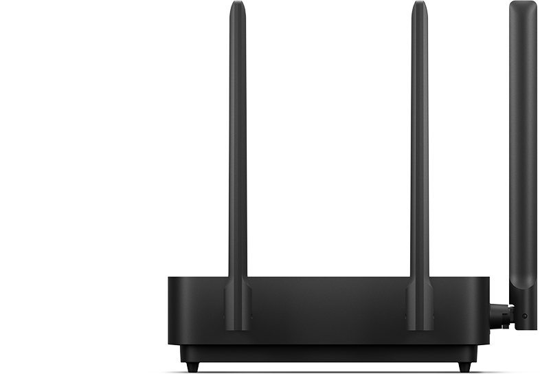 Fekete router négy antennával, oldalnézetben, fekete háttér előtt.