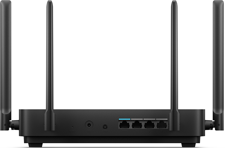 Fekete router antennákkal a hátulján. Portok és tápbemenet látható.