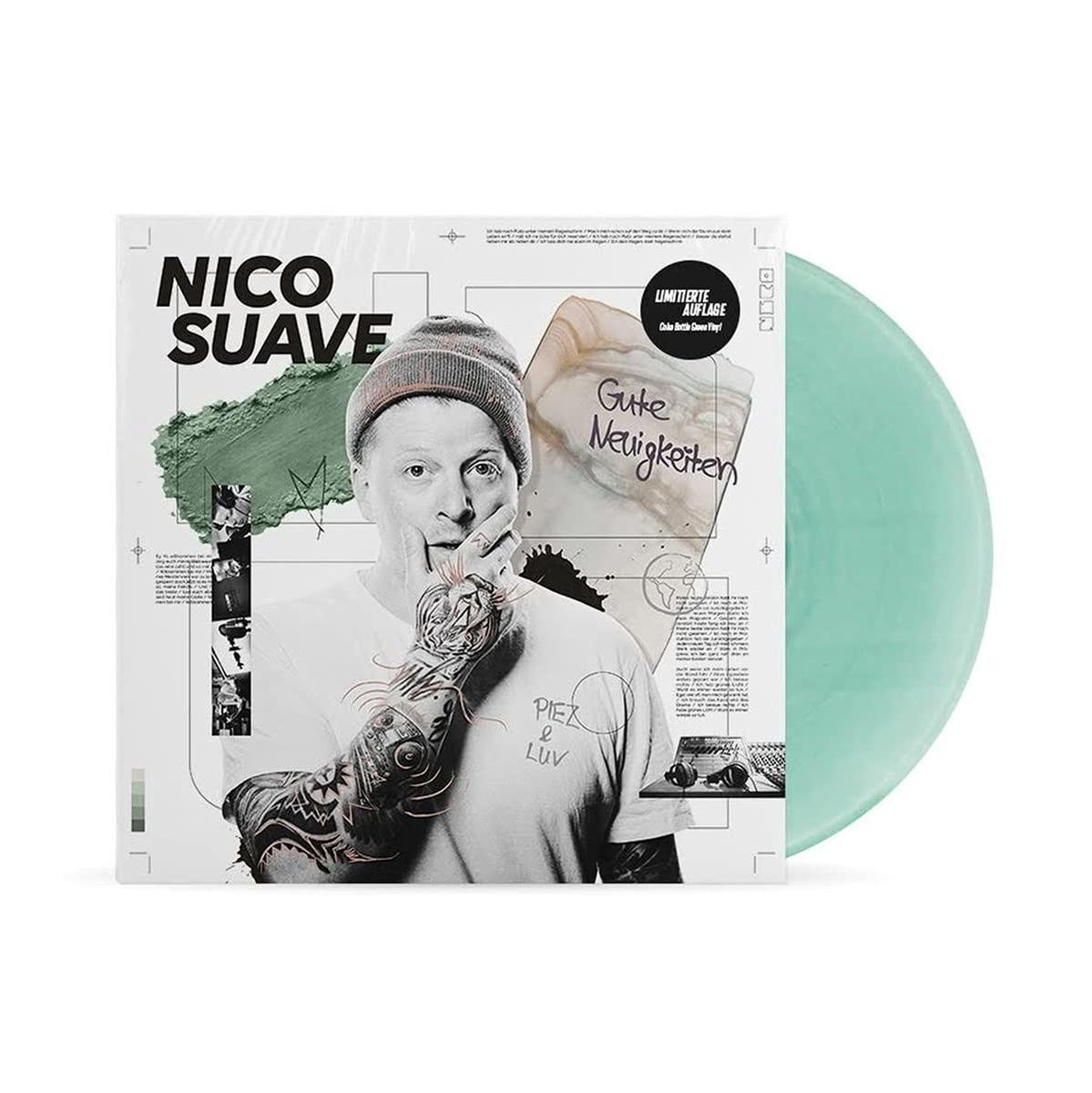 Albumcover: Nico Suave mit Tattoos, trägt eine Mütze. Text und grüne Kunst. Mintgrüne Schallplatte rechts.