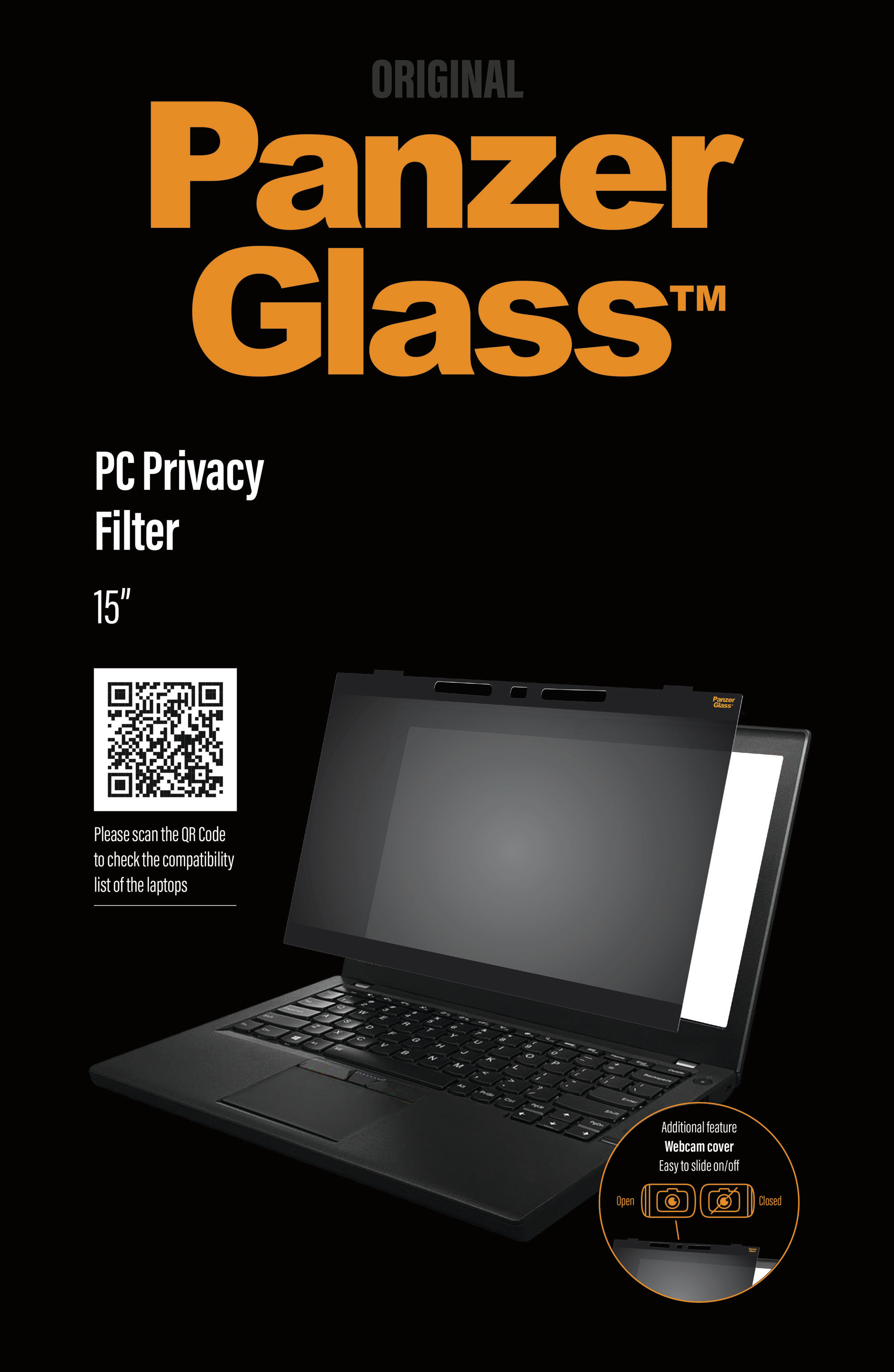 PanzerGlass PC-Sichtschutzfilter auf einem Laptop. Der Filter hat einen QR-Code und Text auf schwarzem Grund.