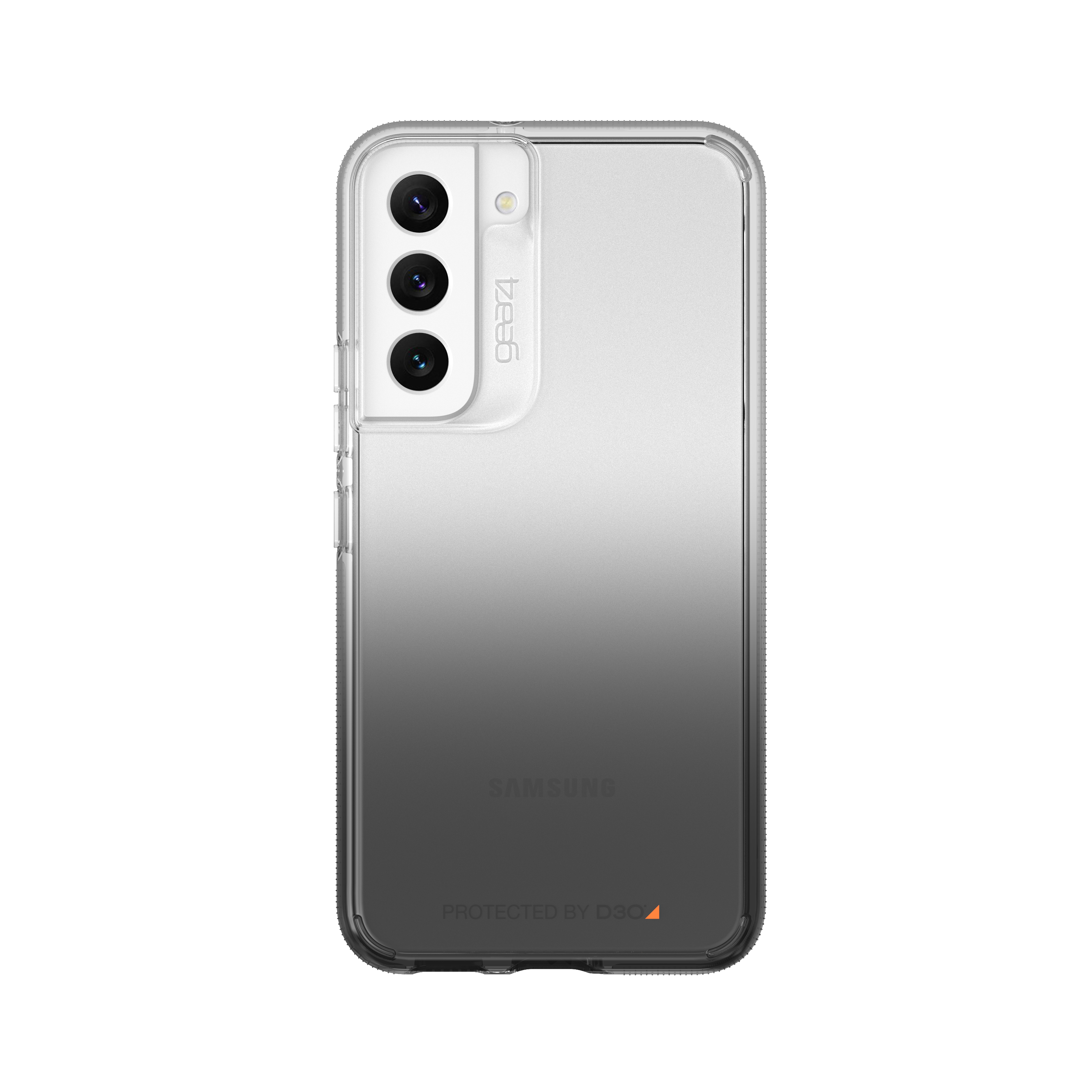 Ein Samsung-Telefon mit transparentem Gehäuse, Gradientenrückseite und drei Rückkameras.