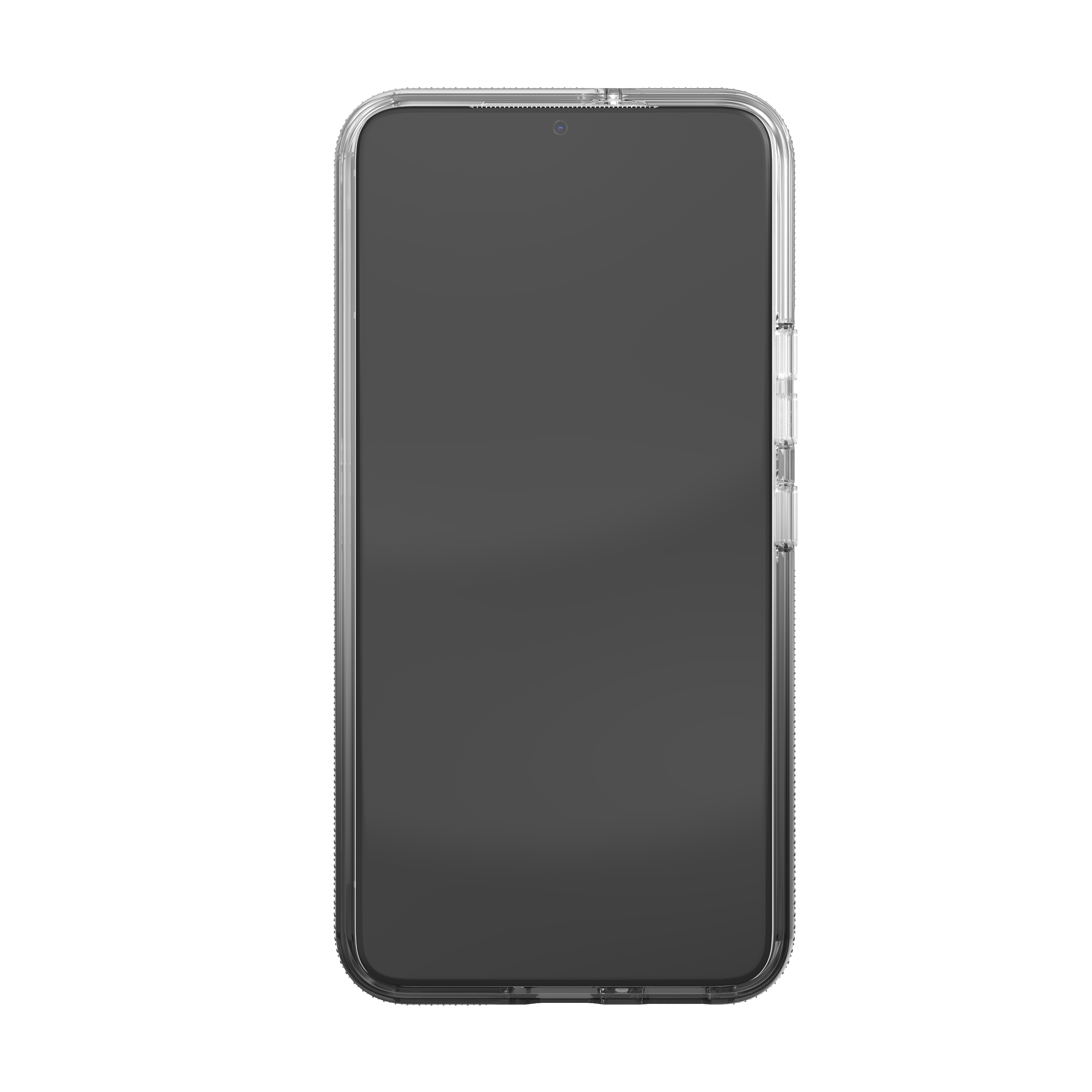 Ein Telefon mit schwarzem Bildschirm in einer transparenten Hülle, isoliert auf Weiß. Die Hülle hat einen transparenten Rahmen.