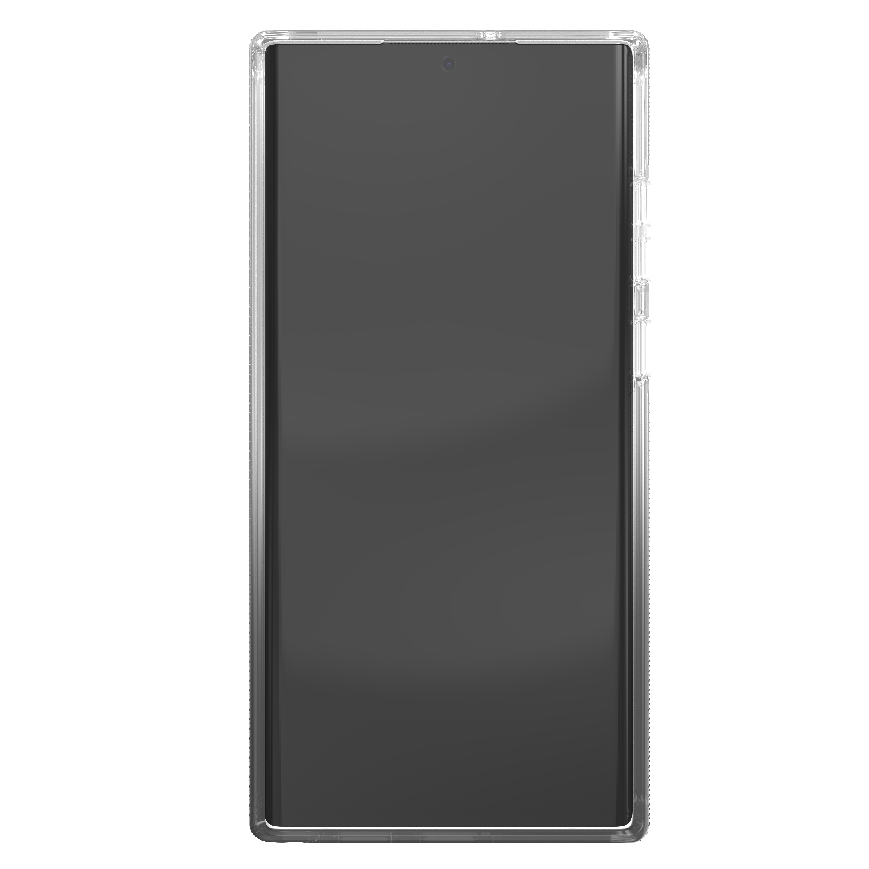 Ein schwarzes Smartphone in einer transparenten Schutzhülle.