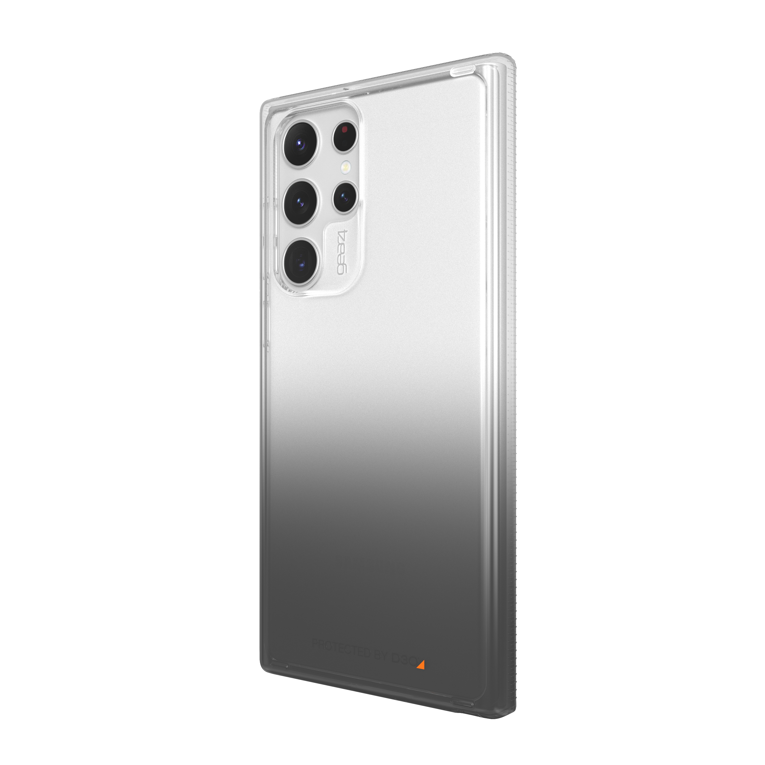 Telefon in transparenter Hülle, schwarzer Farbverlauf.