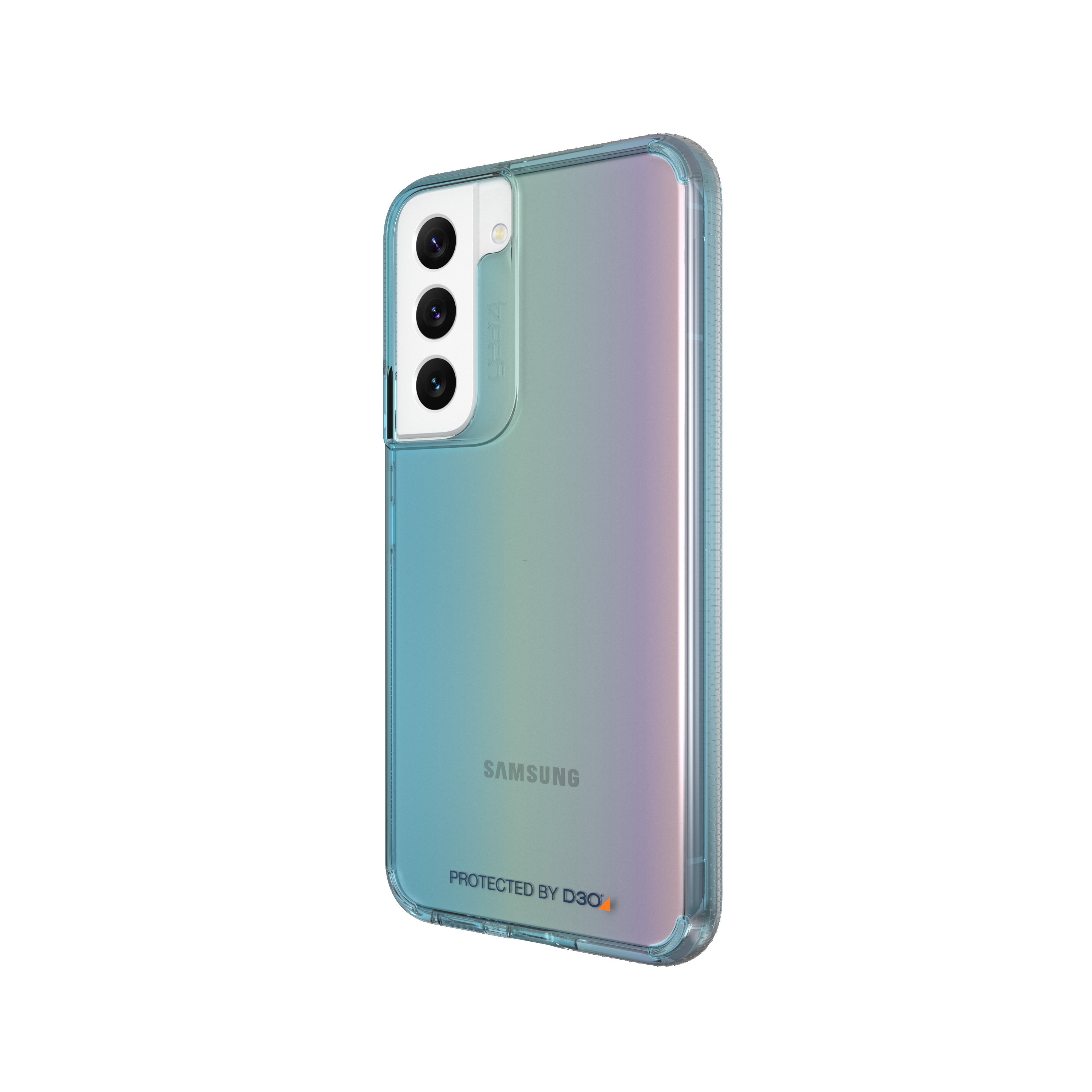 Smartphone in klarer Hülle, blauer und violetter Farbverlauf auf der Rückseite. Kameralinsen sichtbar.