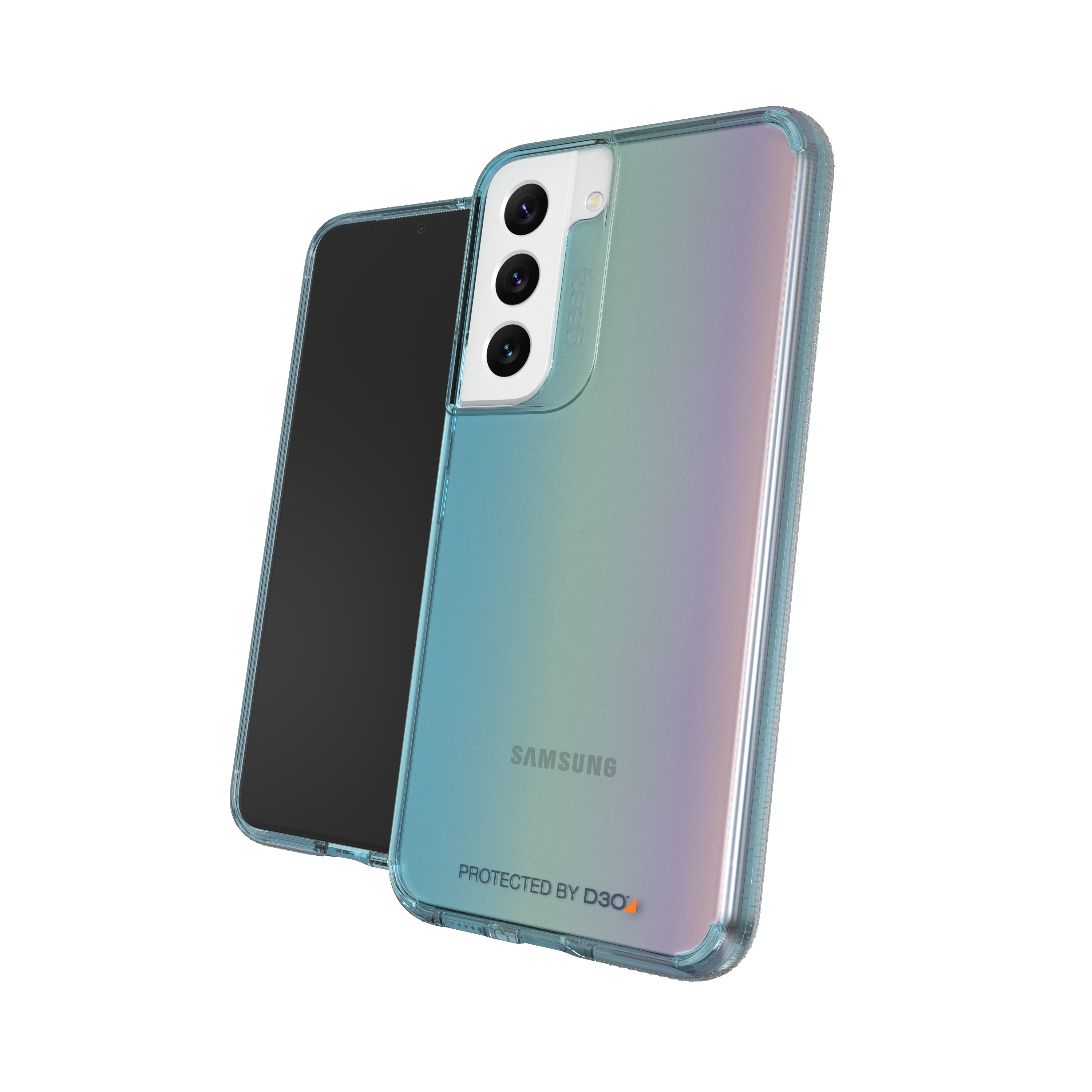 Ein Samsung-Handy in einer transparenten Hülle. Das Telefon ist blau und schwarz.