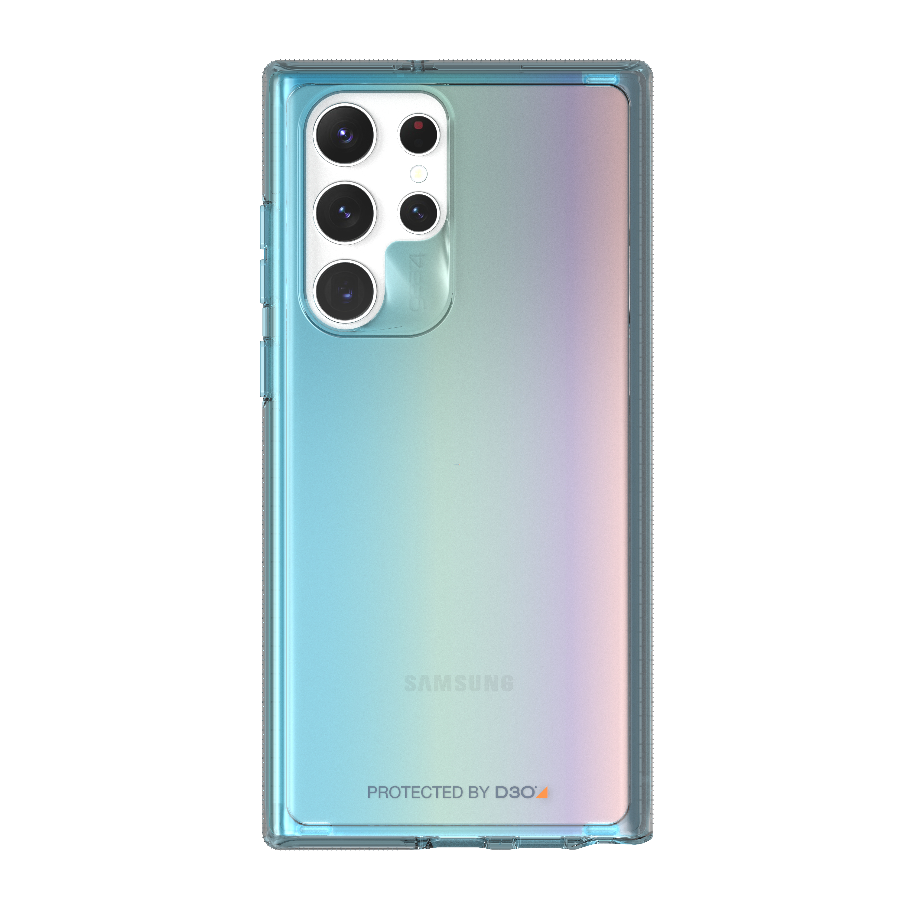 Rückansicht eines Samsung-Telefons mit einer transparenten Hülle. Mehrere Kameras sind sichtbar.