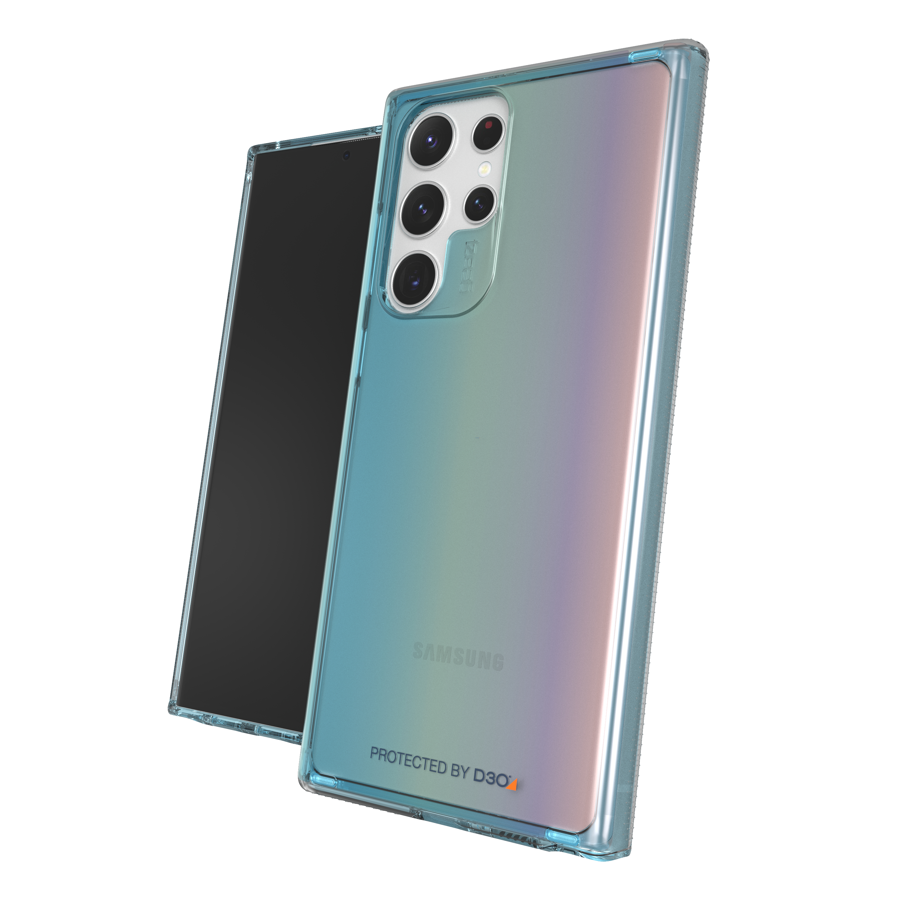 Smartphone in klarblauer Hülle, Rück- und Seitenansicht.