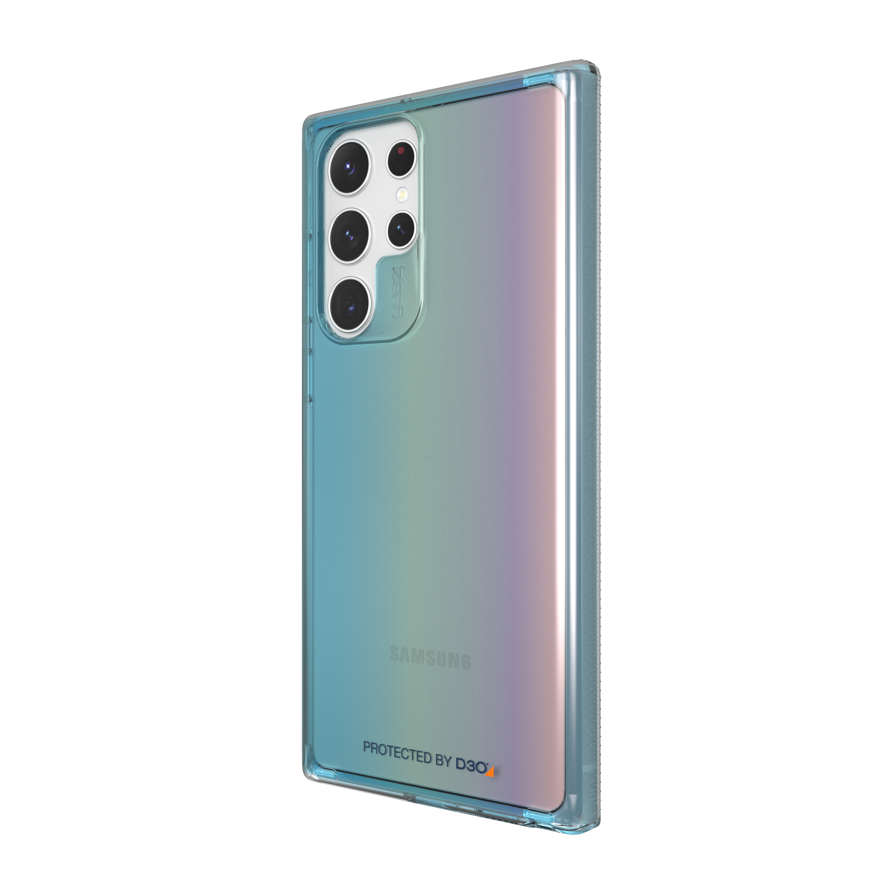Eine transparente Handyhülle auf einem Mobiltelefon, vor einem Farbverlaufshintergrund.