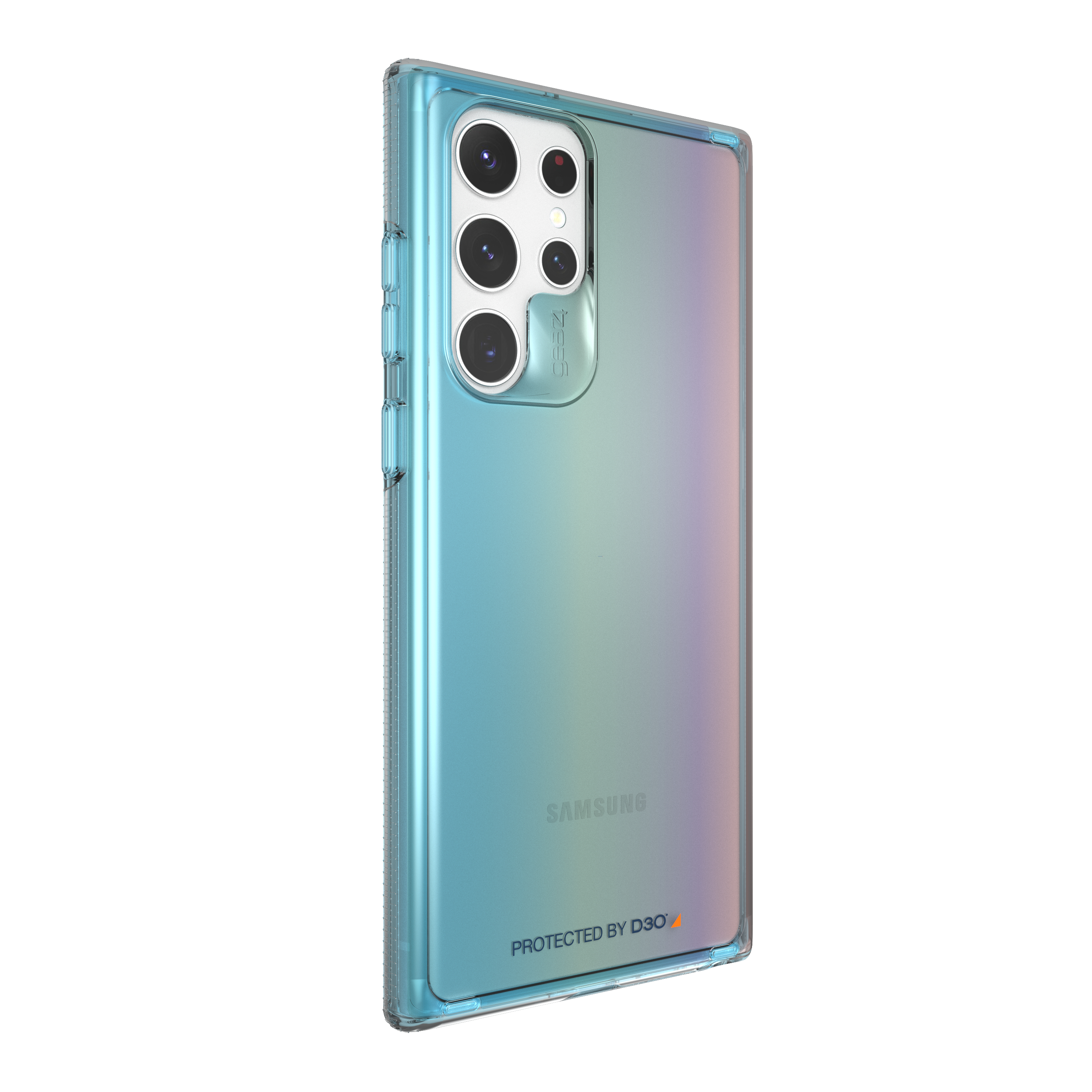 Ein Smartphone in einer transparenten Schutzhülle. Die Hülle hat einen blau-grünen, schillernden Effekt.