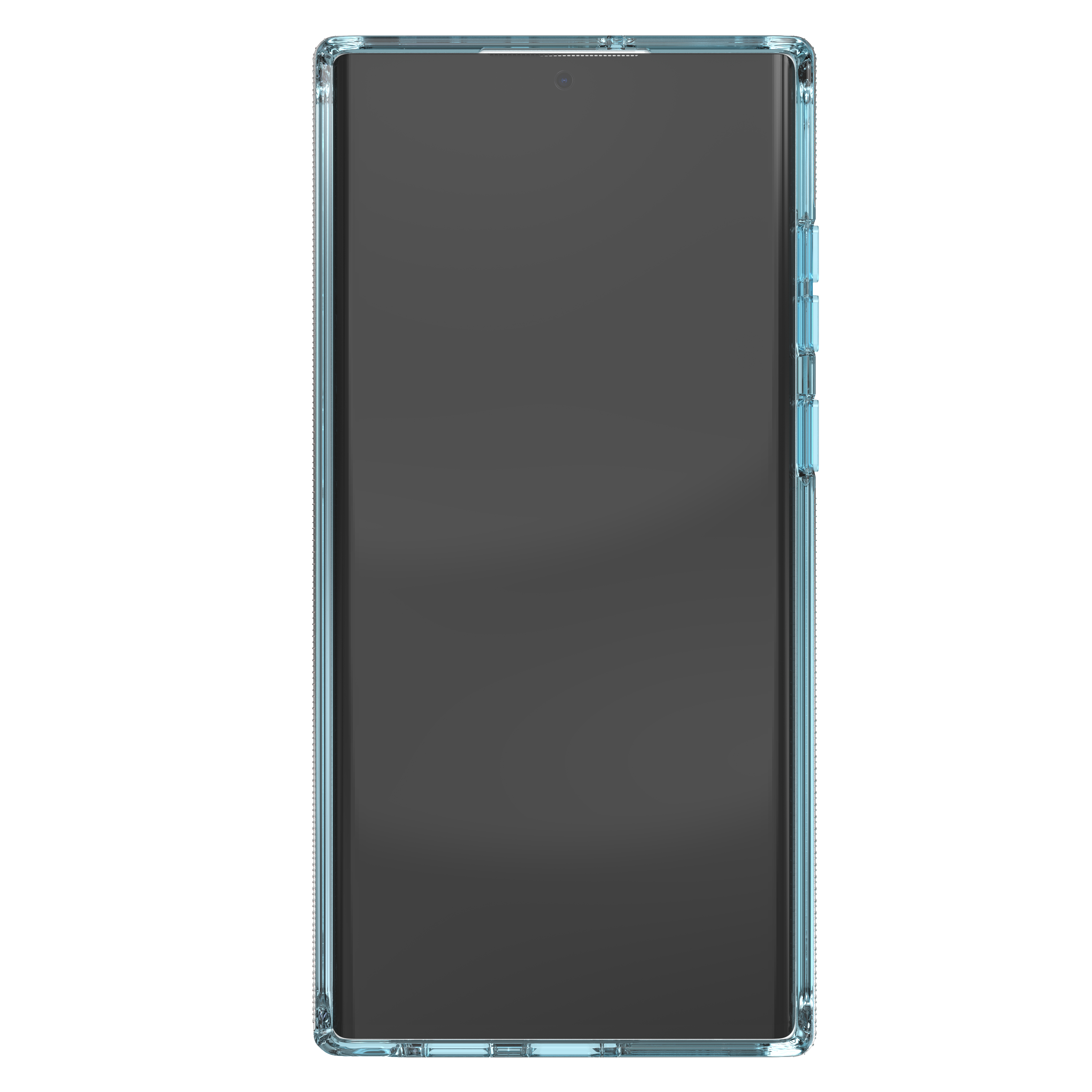 Smartphone in klarblauer Hülle, Bildschirm schwarz.