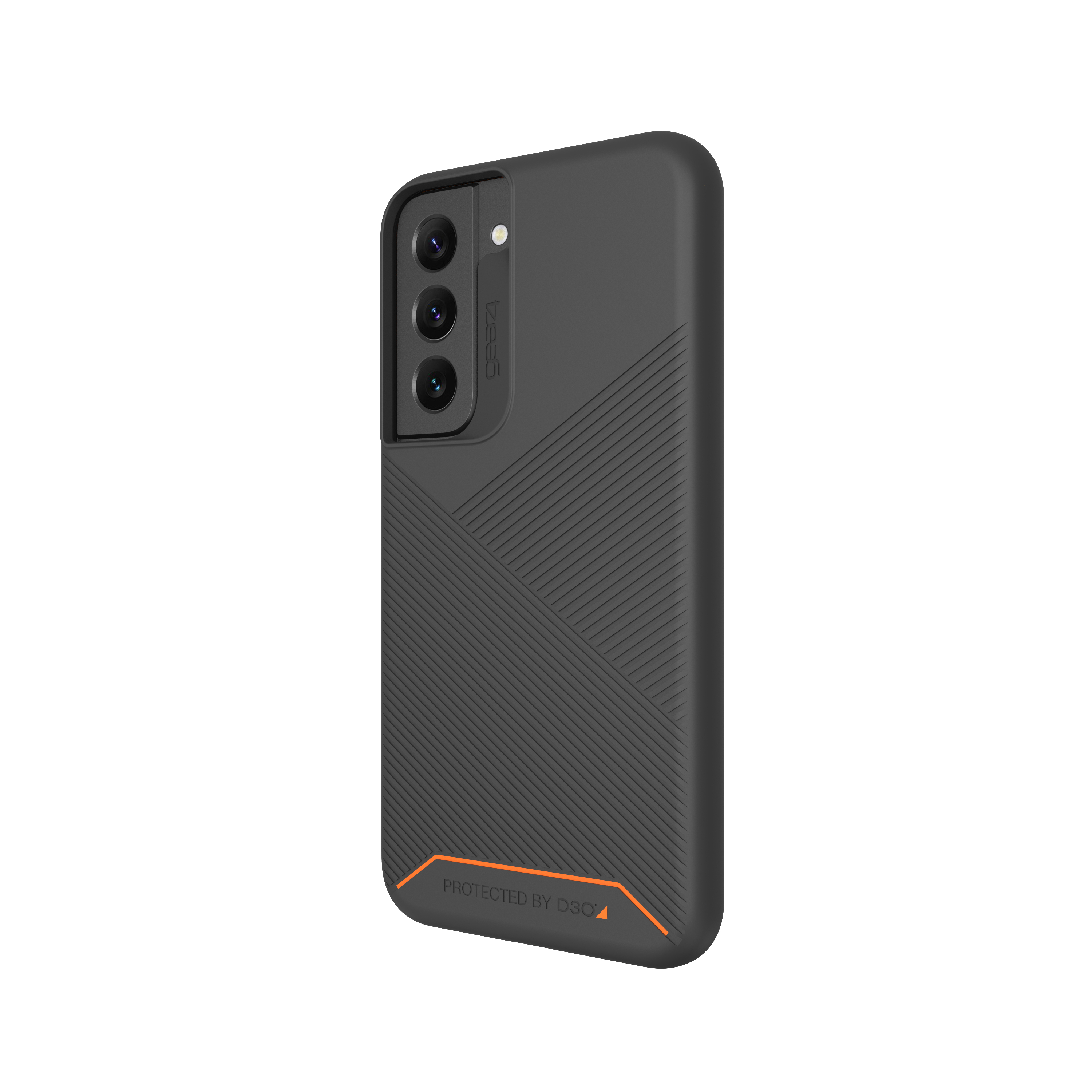 Schwarze Handyhülle auf einem Telefon. Die Hülle hat ein strukturiertes Design mit orangefarbenen Akzenten.