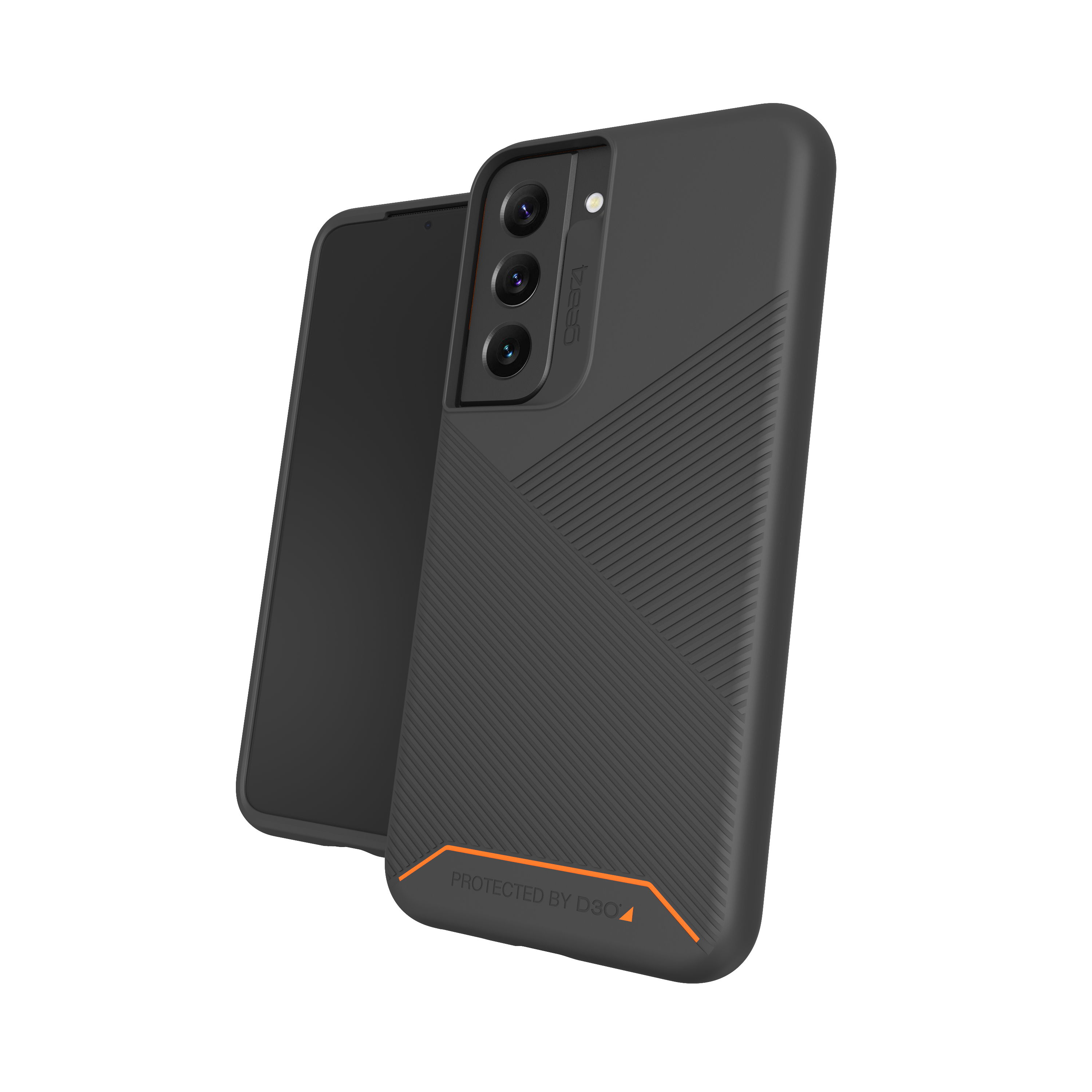 Schwarze Handyhülle mit Design und Telefon darin.