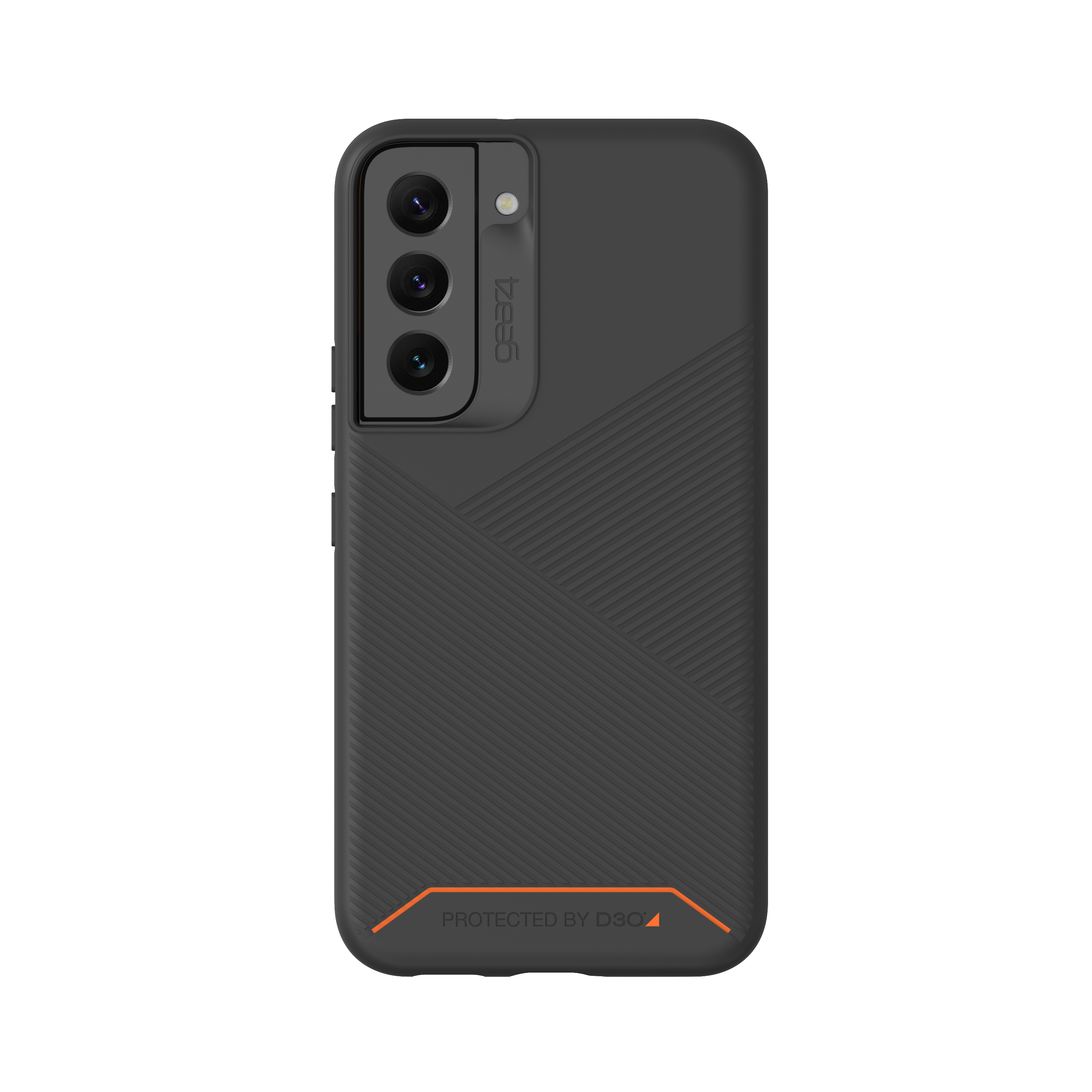 Eine schwarze Smartphone-Hülle mit strukturiertem Design und orangefarbenen Akzenten.