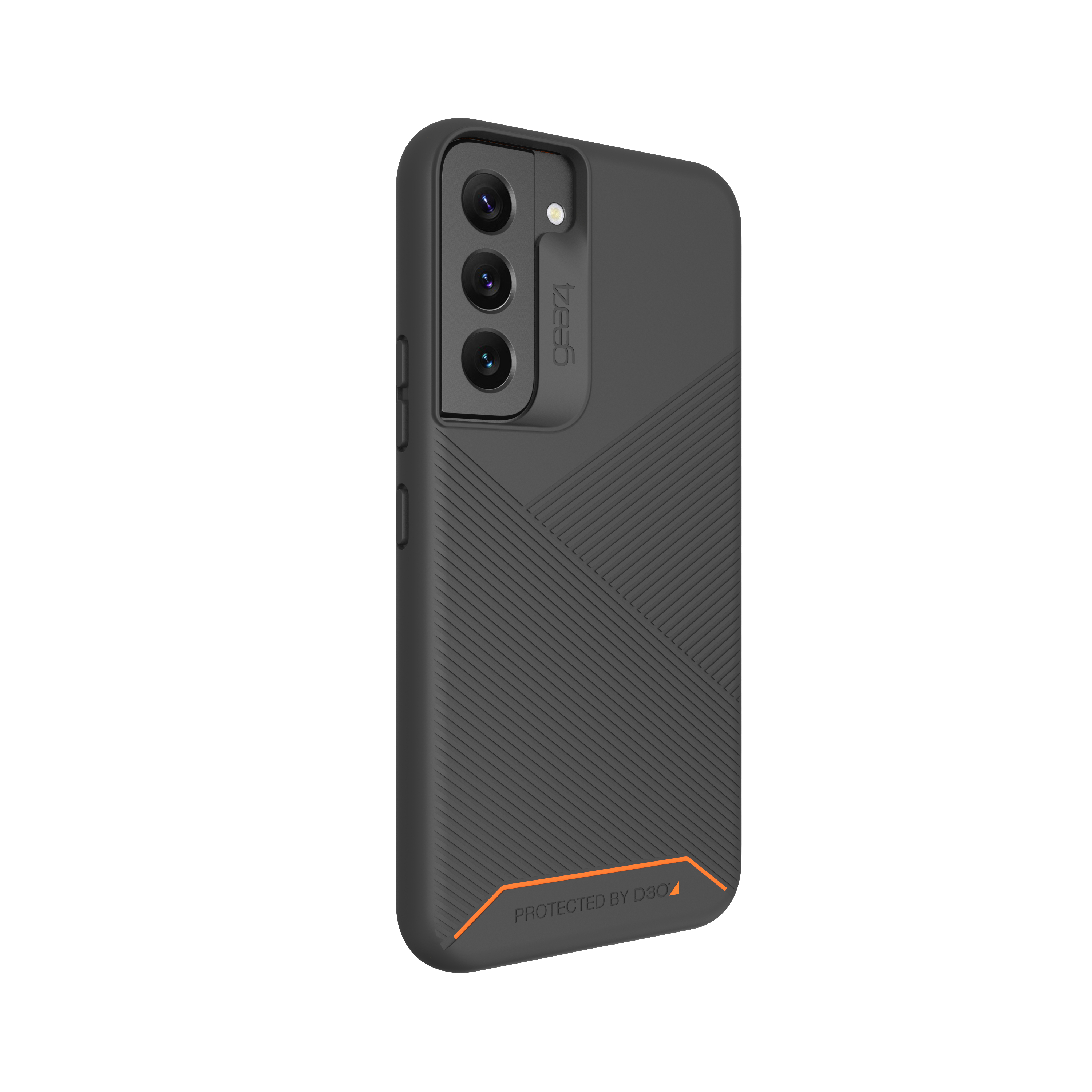 Schwarze Handyhülle mit Kameraaussparungen, orangefarbenen Akzenten und Markennamen.