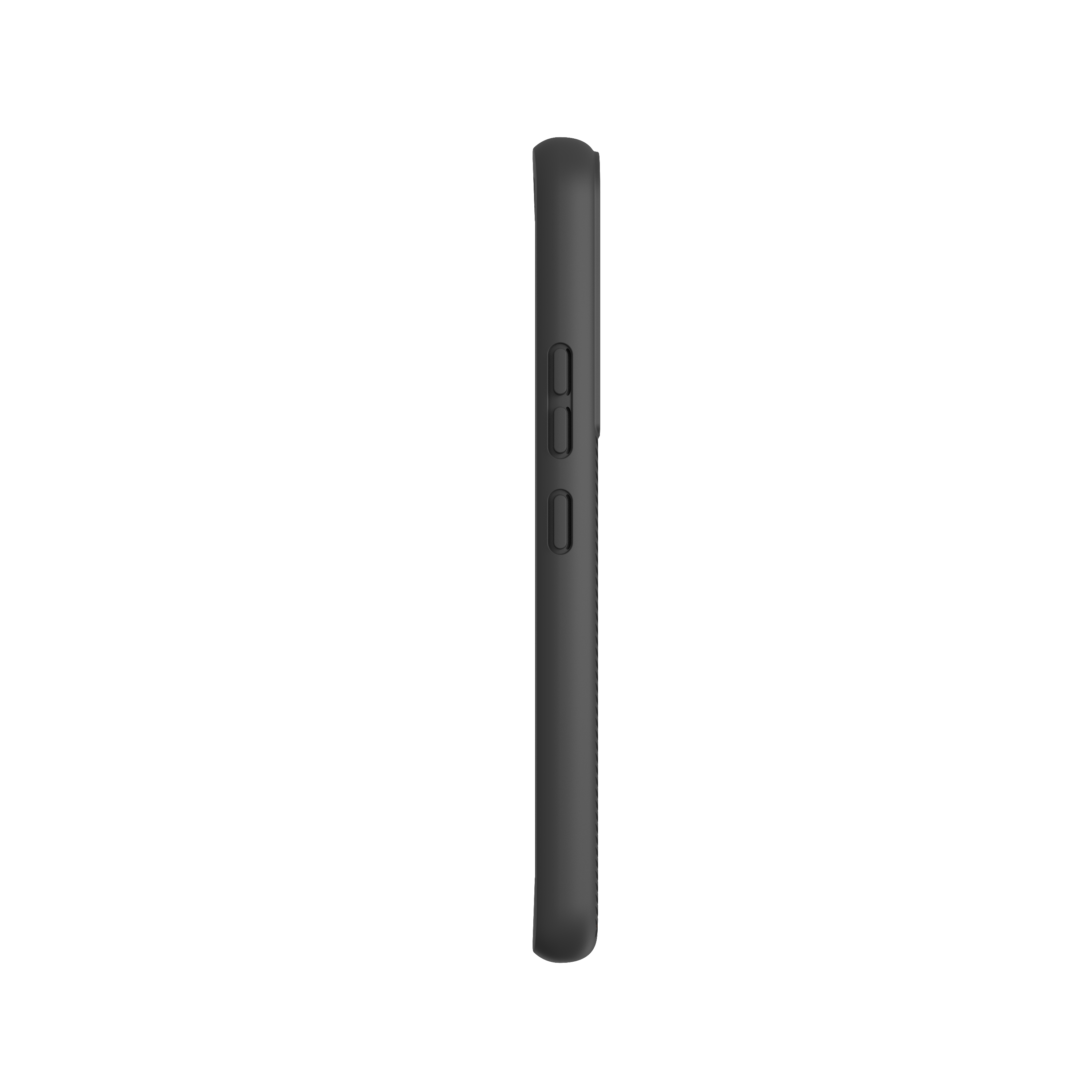 Eine schwarze Handyhülle von der Seite. Es ist ein schlichtes, solides Design.