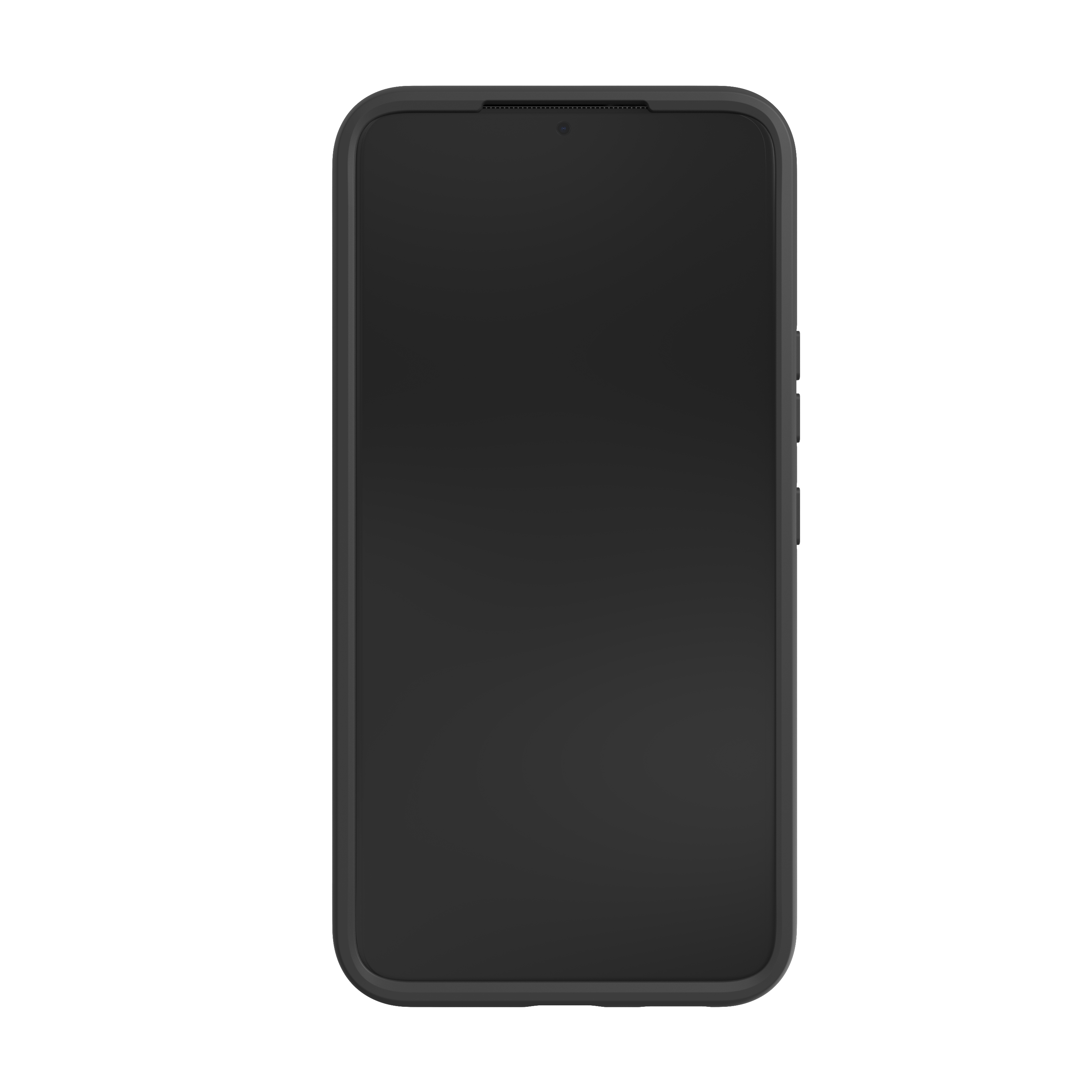 Schwarzes Smartphone mit Kamera oben und schwarzem Bildschirm. Weißer Hintergrund.