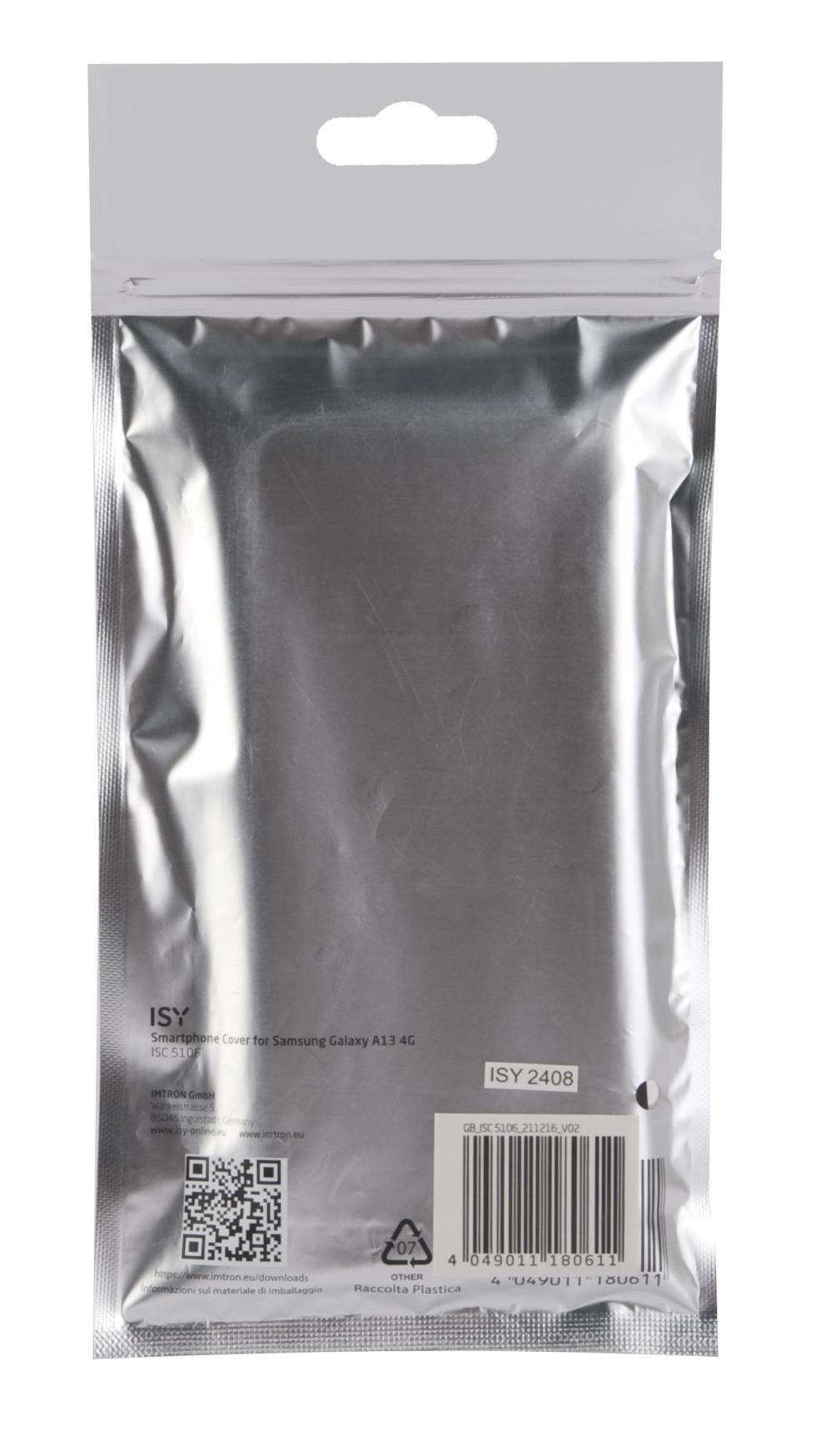 Silberne Plastikverpackung für eine Handyhülle, mit Barcode und Produktdetails.