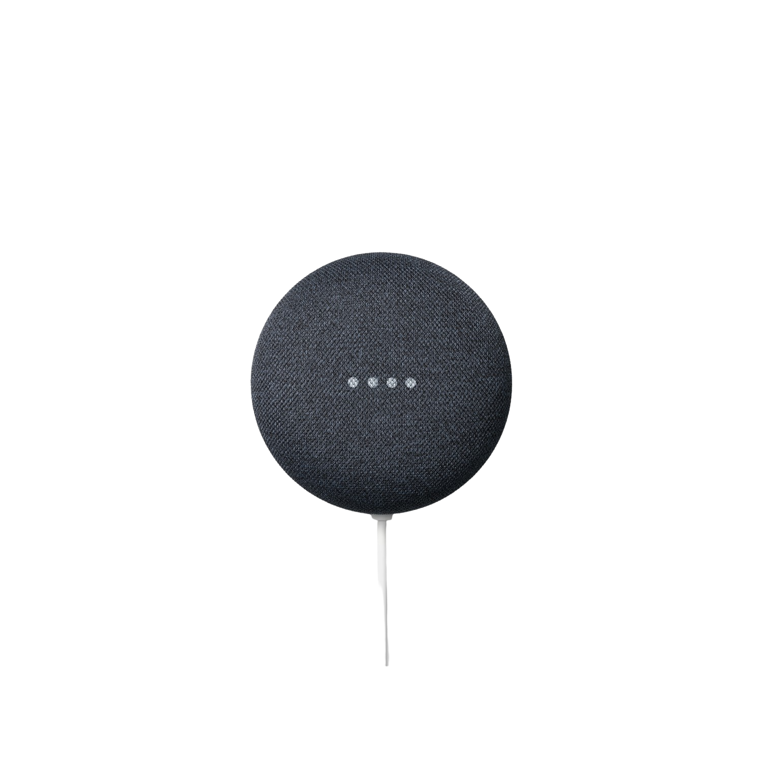 Altavoz inteligente Google Nest Mini gris oscuro sobre fondo negro. Cable blanco.