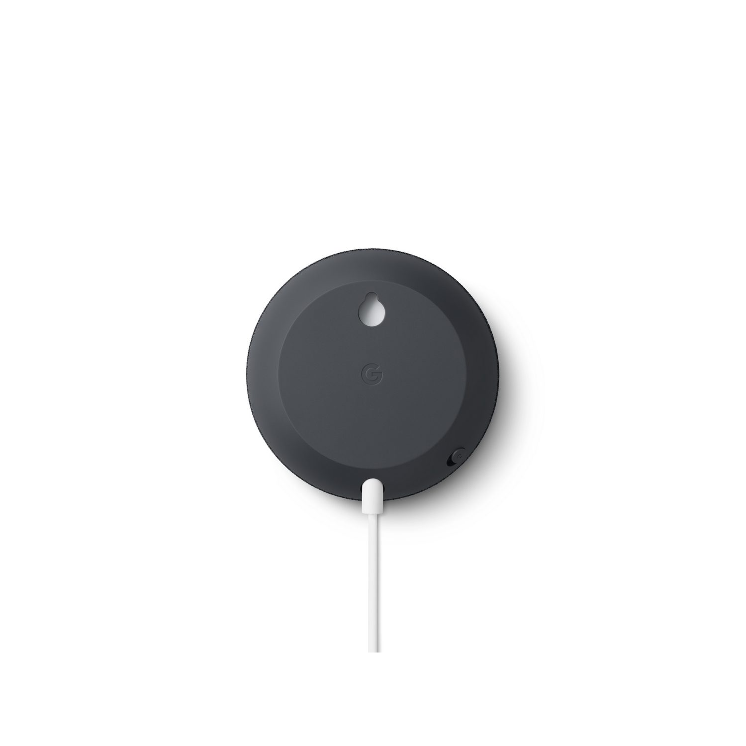 Google Nest Mini gris oscuro, boca abajo, con cable de alimentación blanco.