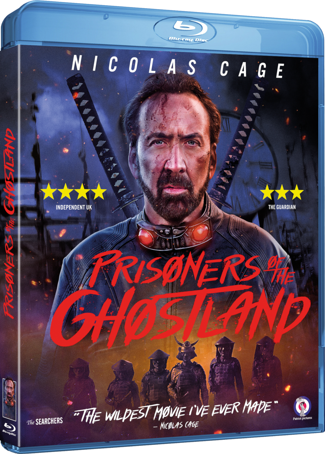 Couverture de film. Nicolas Cage. Titre : Prisoners of the Ghostland. Blu-ray. Deux épées. Cinq étoiles.