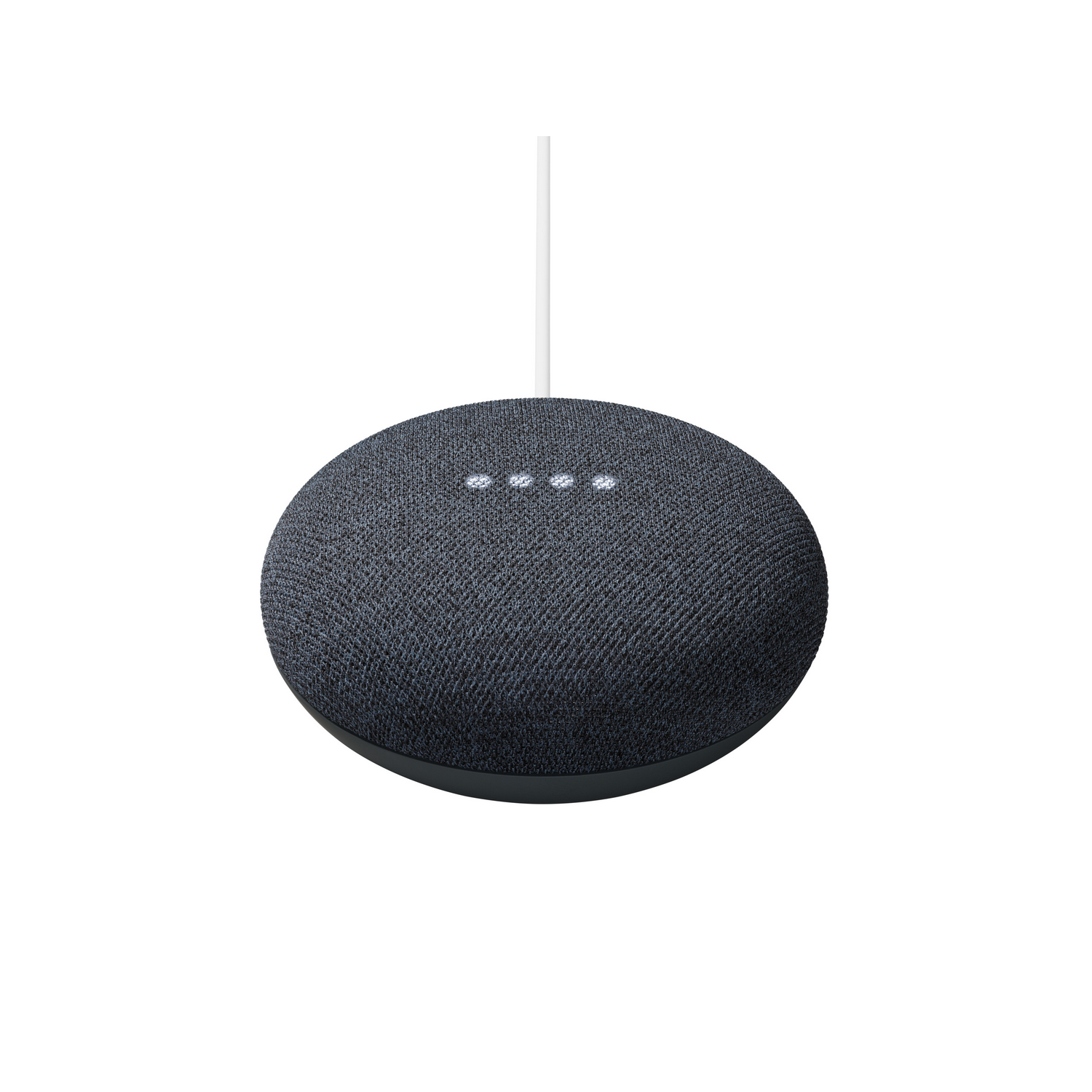 Un altavoz inteligente Google Nest Mini de color gris oscuro colgando de un cable blanco. Tiene cuatro luces.