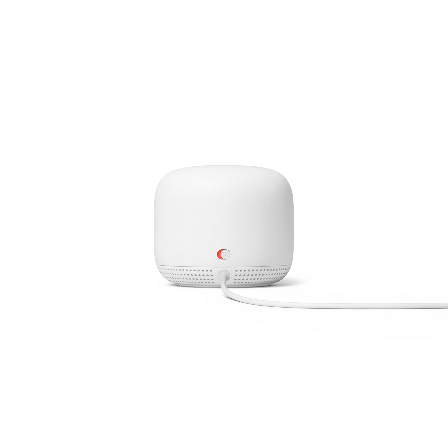Dispositivo blanco y redondeado con luz roja y cable blanco contra fondo blanco.