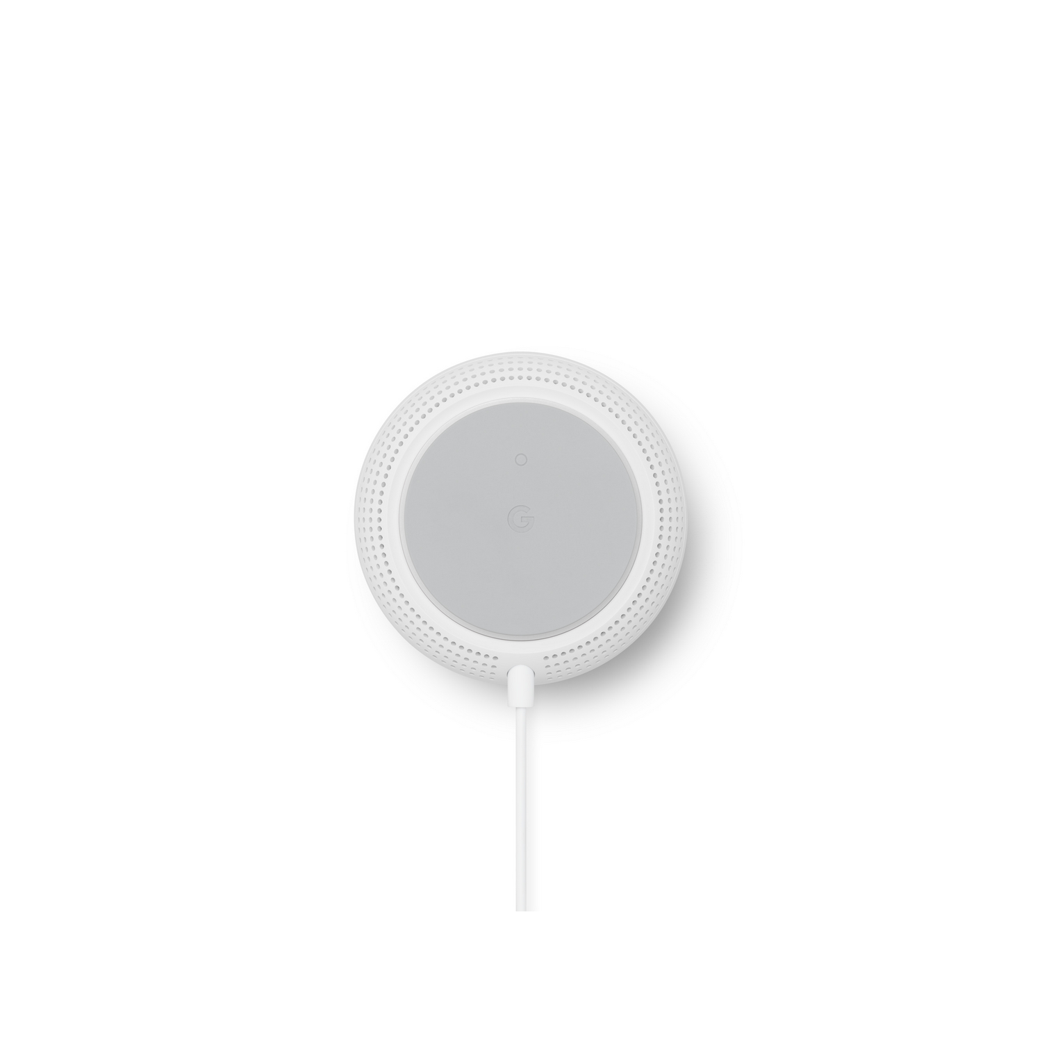 Un altavoz inteligente blanco, vista superior. Tiene un centro gris y un cable blanco.