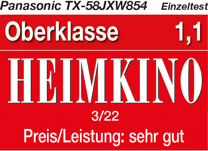 Rotes Rechteck mit weißem Text über einen Panasonic-Fernseher, Bewertung ist 'sehr gut'.