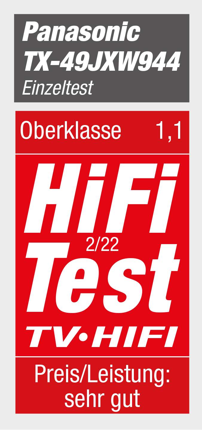 Rotes Rechteck mit weißem Text, ein Panasonic TV Testergebnis. Bewertung ist 'sehr gut'.