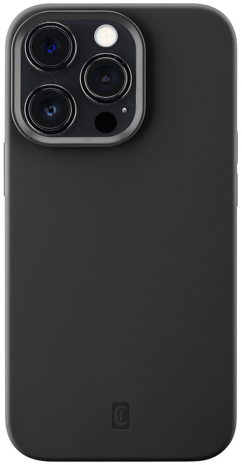 Coque de téléphone noire avec module caméra en haut, sur fond blanc.