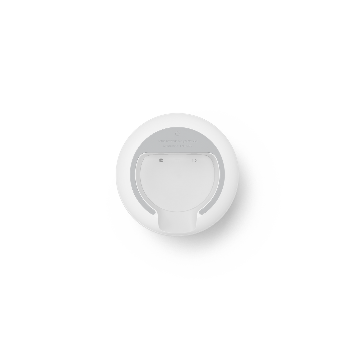 Google Nest blanco, vista superior, con anillo gris y fondo blanco.