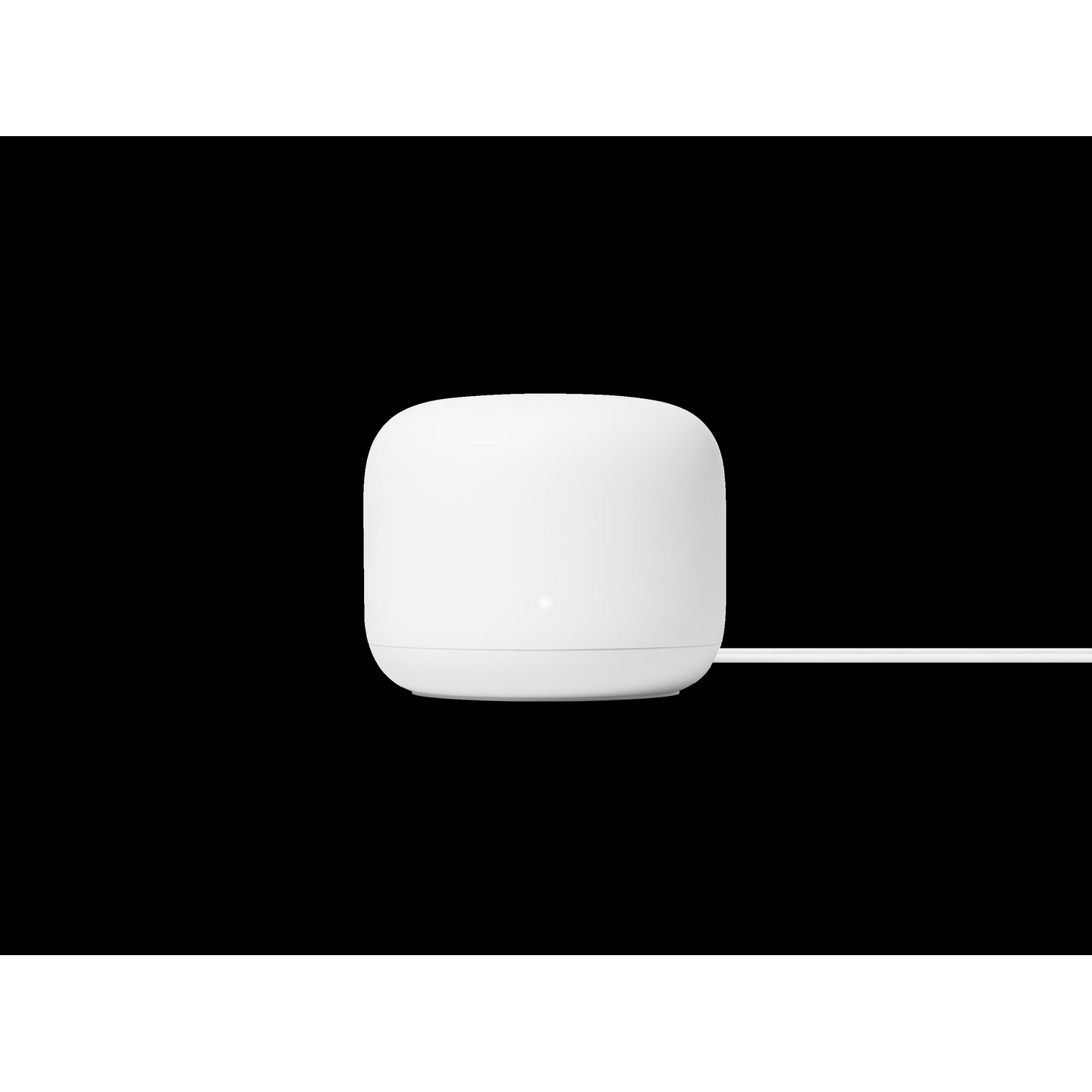 Dispositivo Google Nest Wifi blanco, vista frontal, con una pequeña luz blanca, contra un fondo negro.