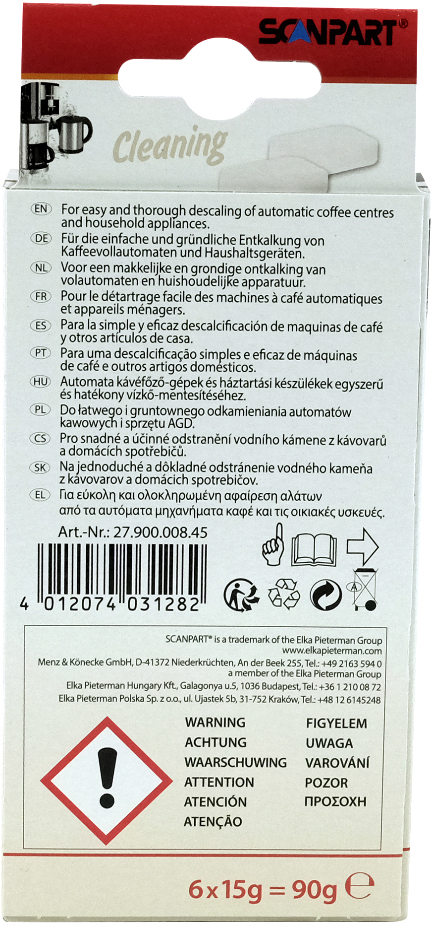 Box of cleaning tablets for coffee machines, with various language instructions.