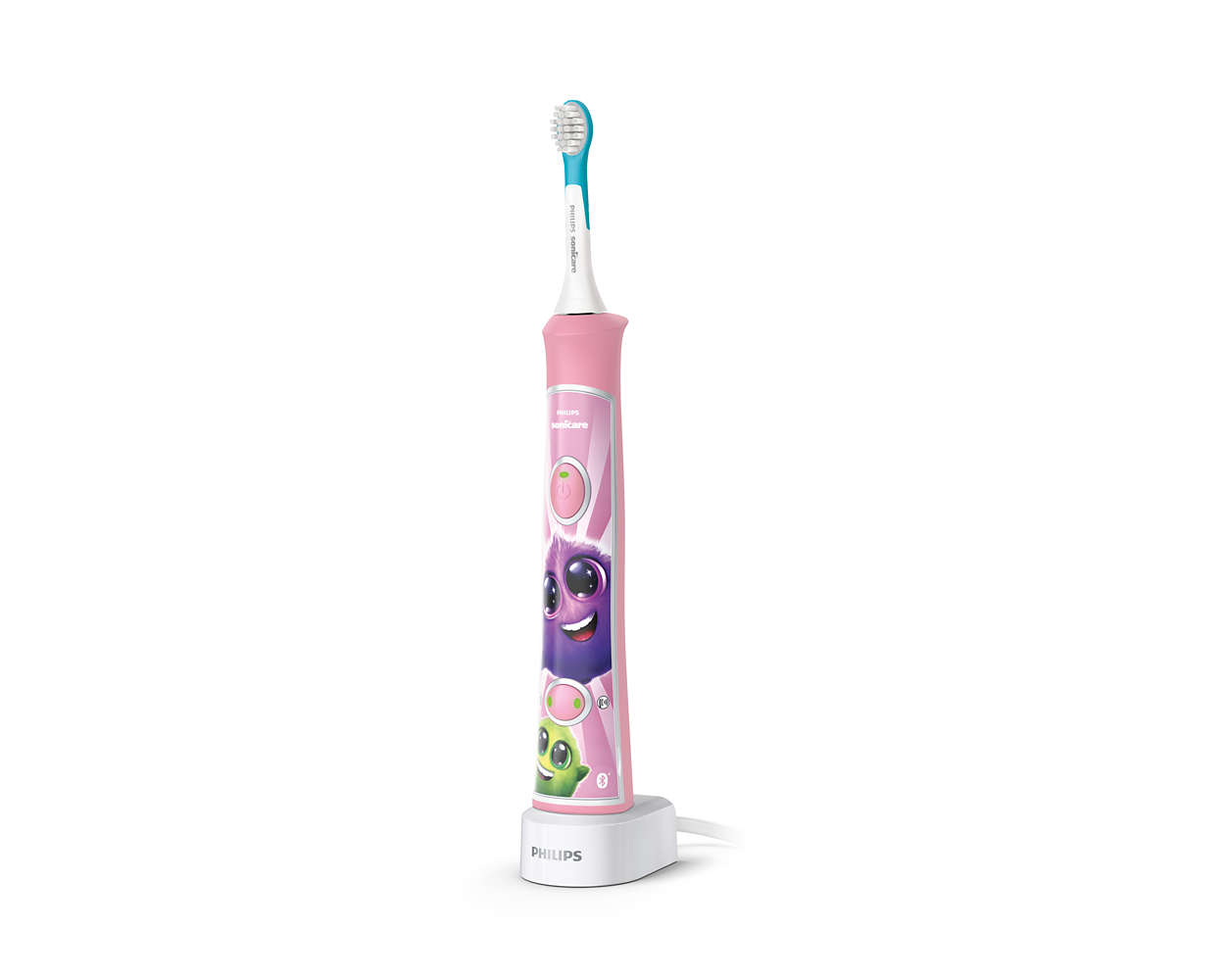 Brosse à dents électrique rose avec personnages de dessins animés et socle de chargement.