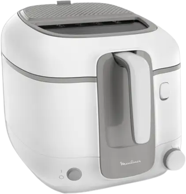 Witte en grijze friteuse. De friteuse heeft een handvat en een bedieningsknop aan de voorkant.