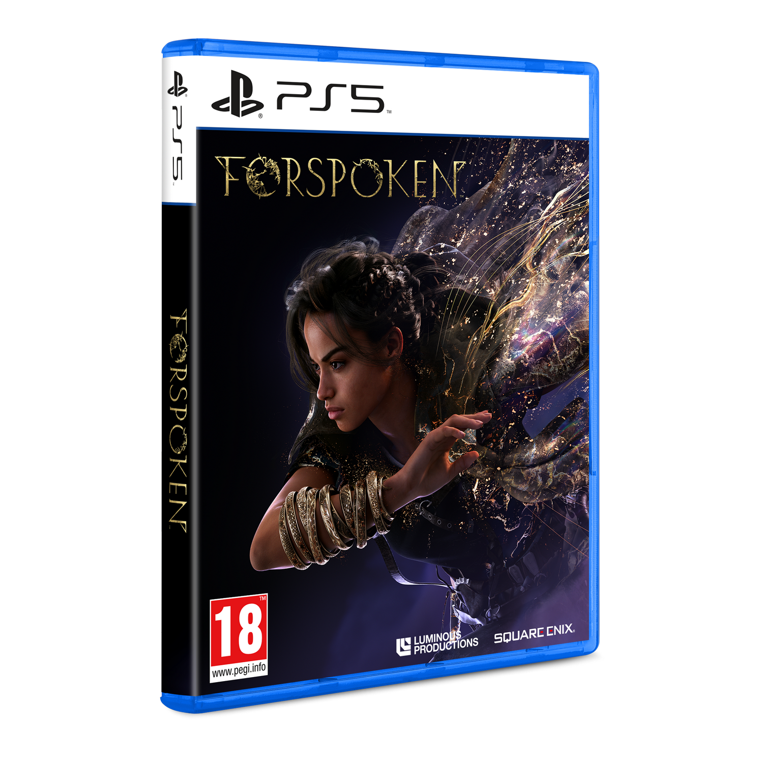 Caja de juego de PS5. La portada muestra a una mujer con pulseras de oro y el título 'Forspoken'.
