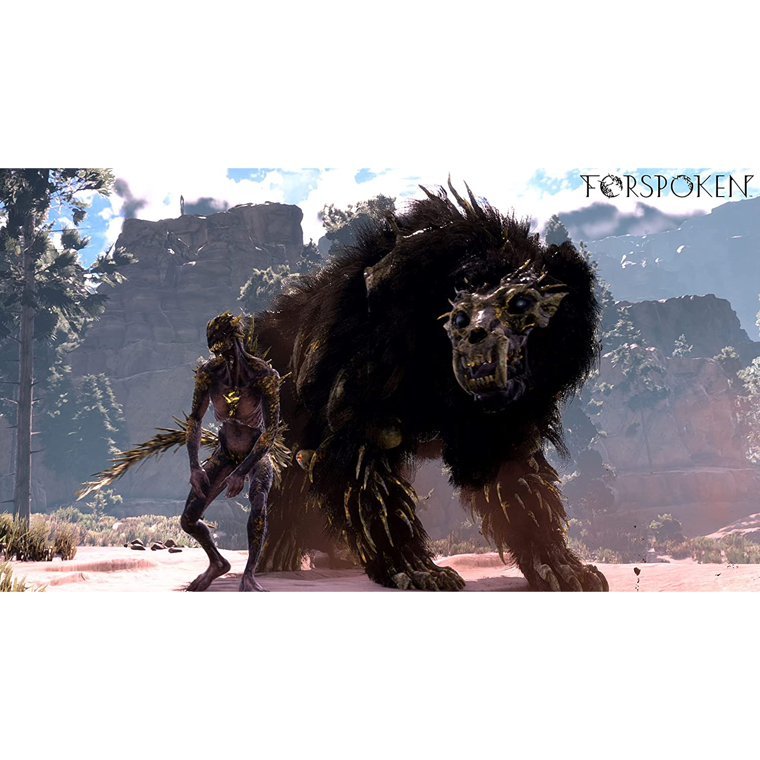 Un monstruo y una figura humanoide en un paisaje arenoso con el texto "Torspoken".