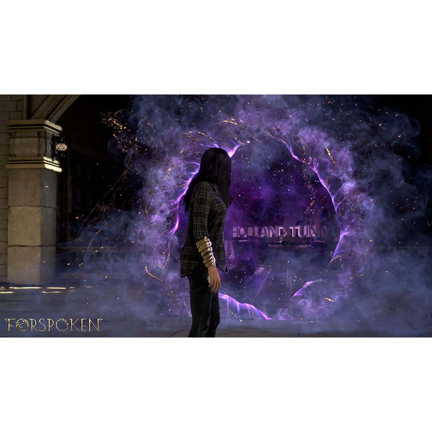 Una persona frente a un portal, con un letrero 'FORSPOKEN' al fondo.