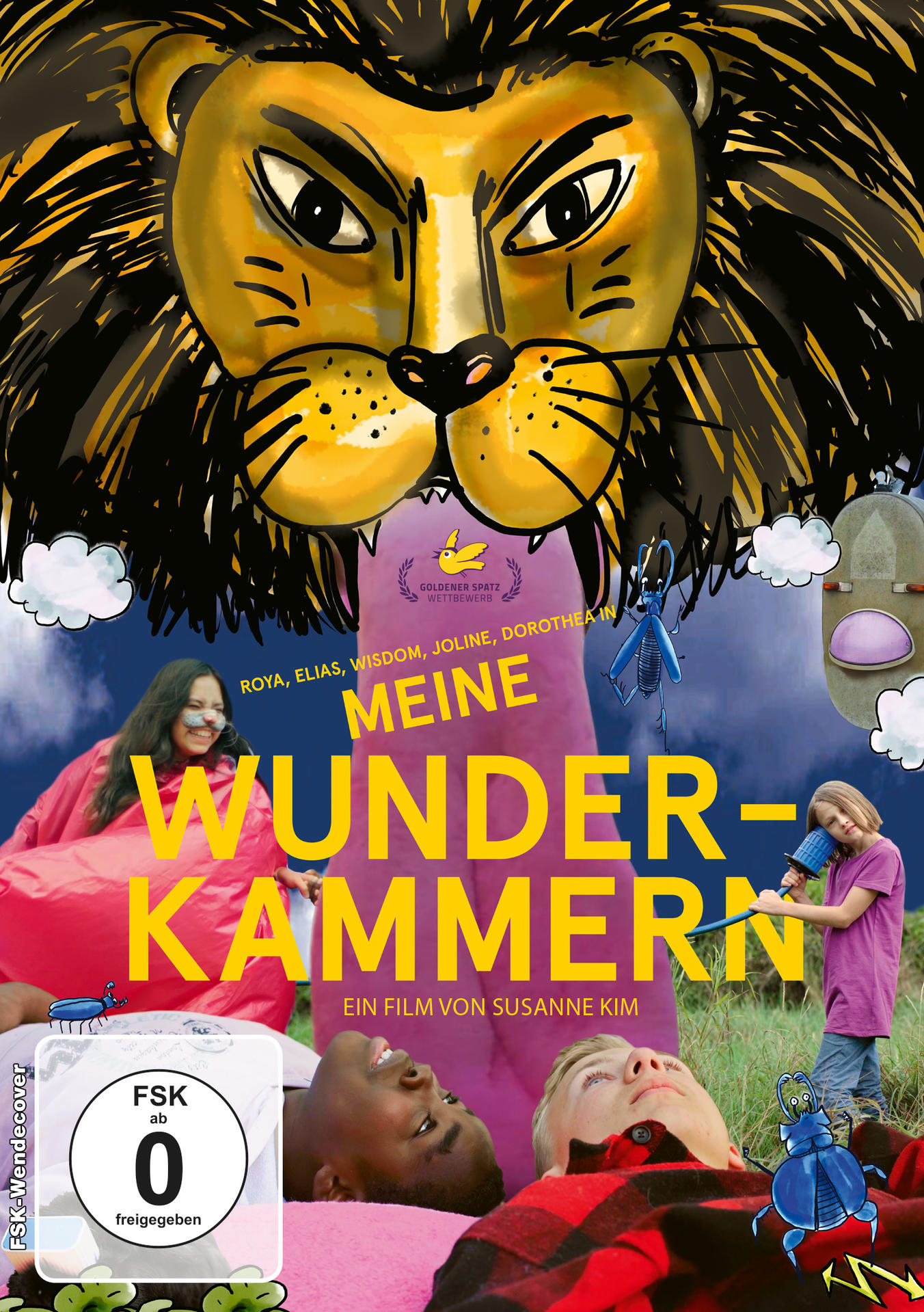Filmcover mit Cartoon-Löwengesicht. Kinder, Text und ein Rating-Label sind auch im Bild.