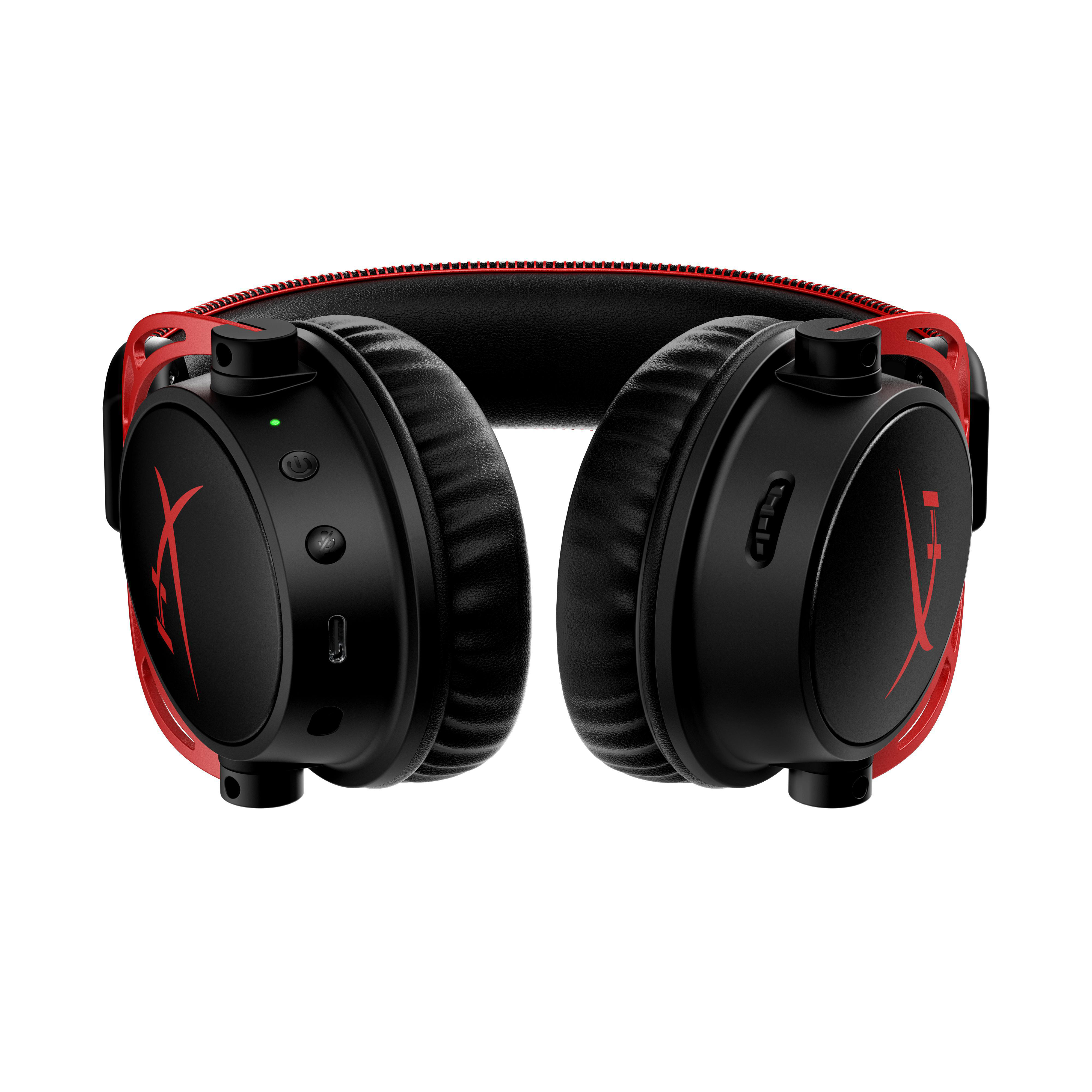 Schwarzes und rotes Gaming-Headset. Das Headset hat ein Mikrofon und Bedienelemente.