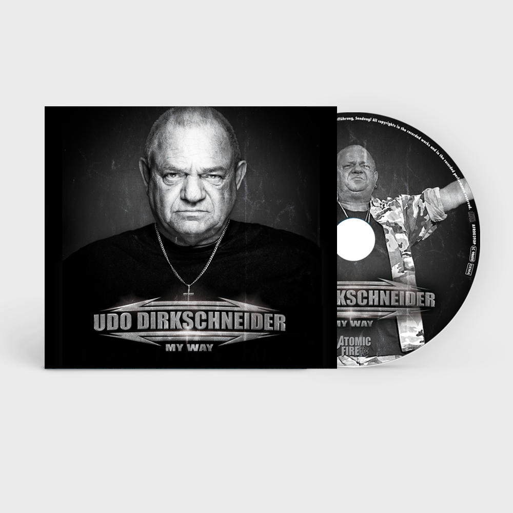 Albumcover: Udo Dirkschneider, Schwarzweißfoto, Albumtitel und CD.