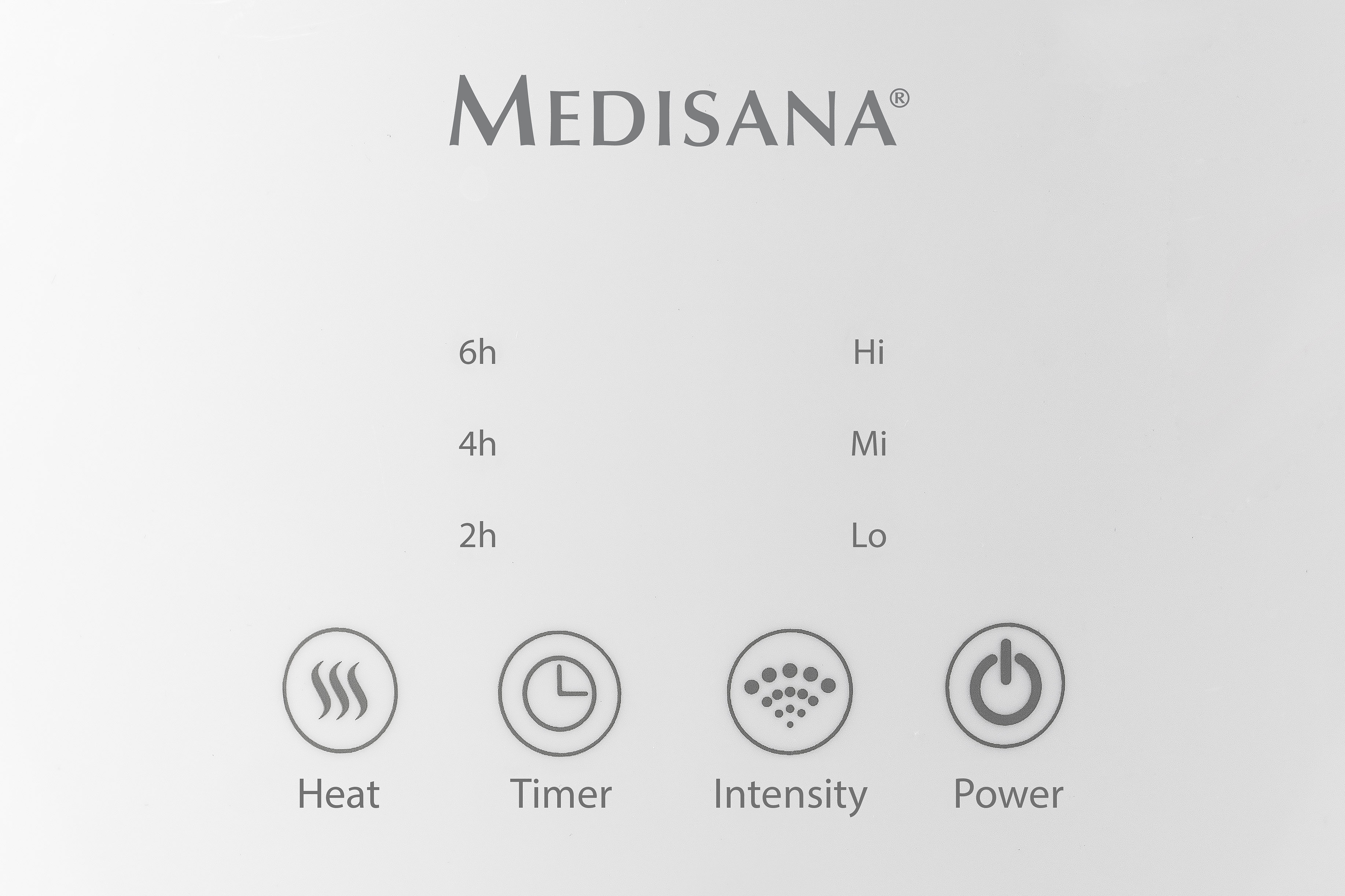Een wit bedieningspaneel met het merk Medisana. Het heeft de opties warmte, timer, intensiteit en vermogen.