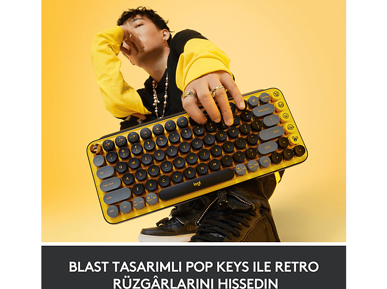 LOGITECH POP Keys Blast Özelleştirilebilir Emoji Tuşlu Mekanik Kablosuz Klavye - Sarı&Siyah_1